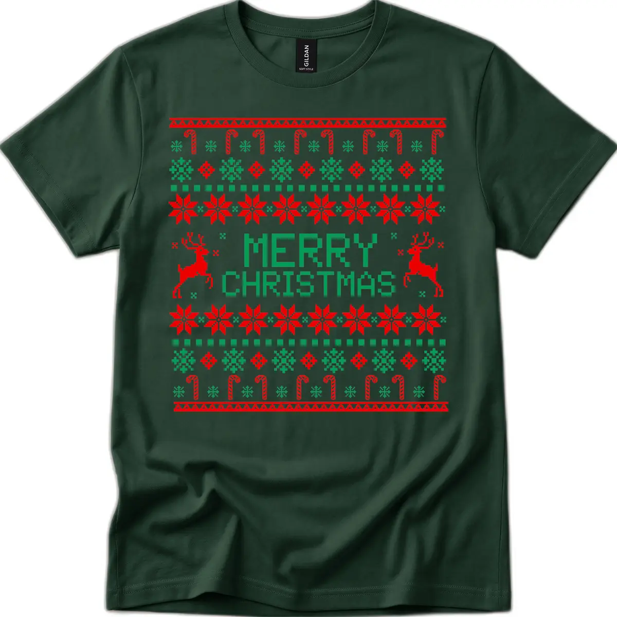 Merry Christmas Reindeer Snowflake Sweater T-Shirt in Forest Green