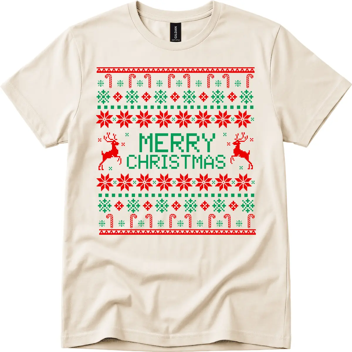 Merry Christmas Reindeer Snowflake Sweater T-Shirt in Natural