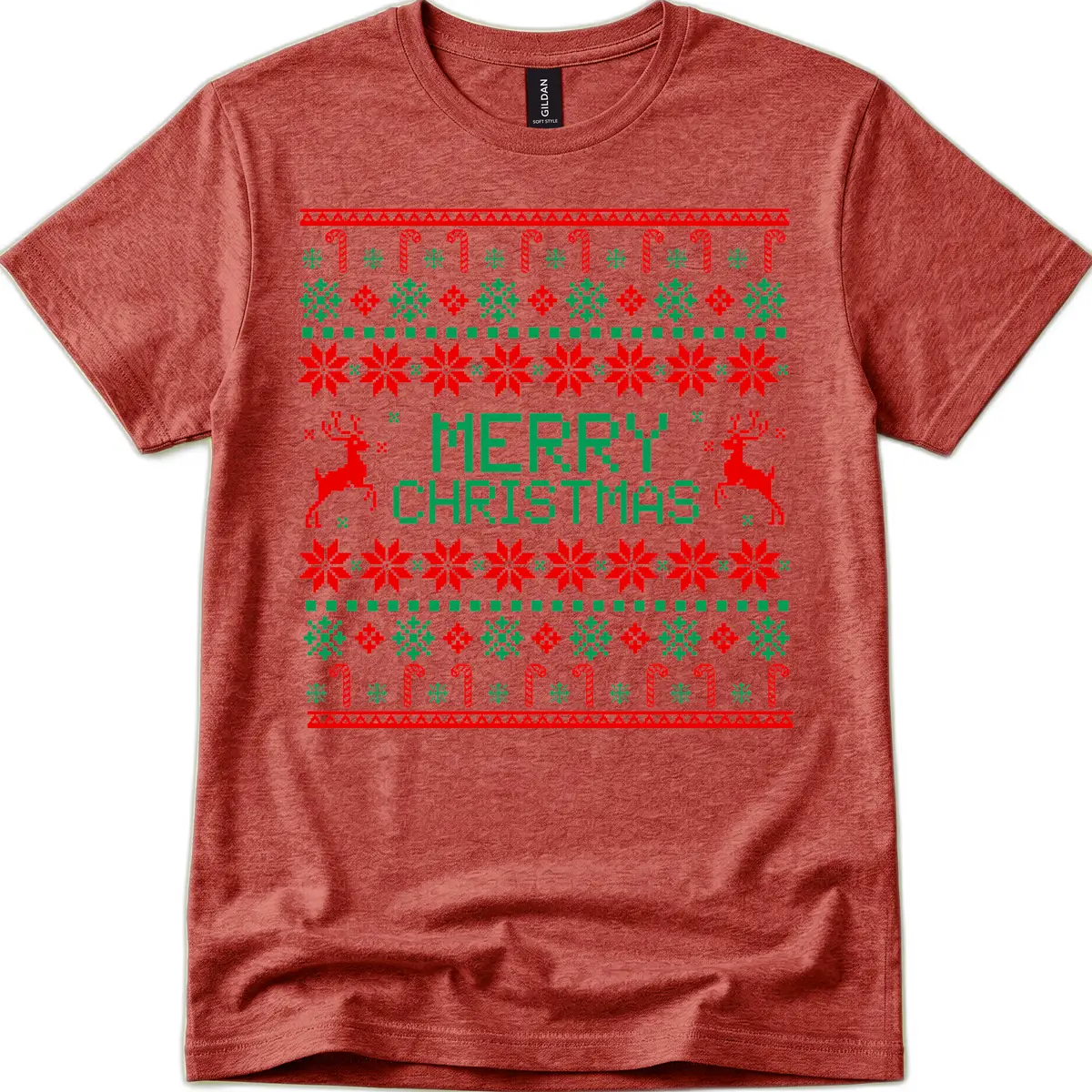 Merry Christmas Reindeer Snowflake Sweater T-Shirt in Heather Cardinal