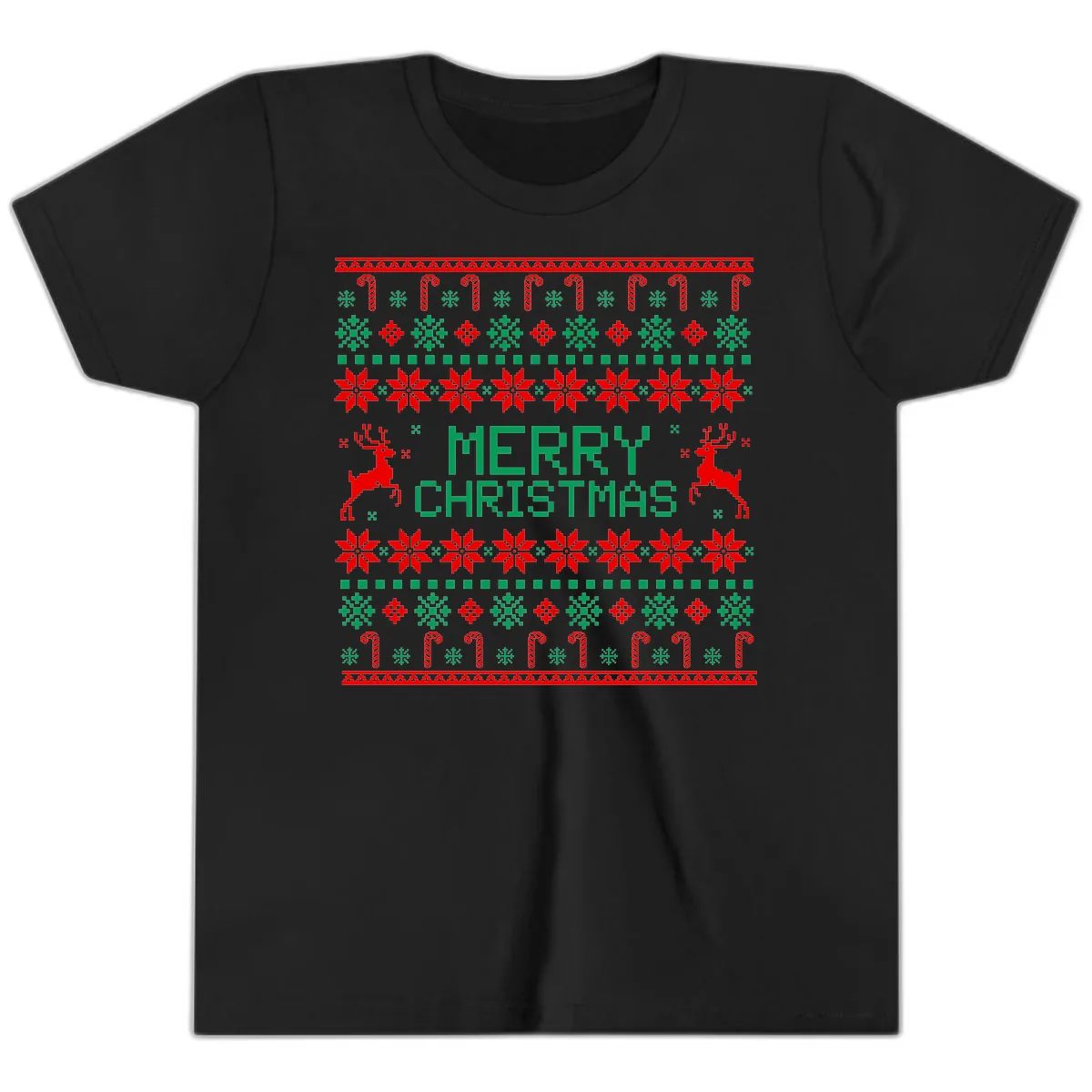 Merry Christmas Reindeer Snowflake Sweater Youth T-Shirt in Black
