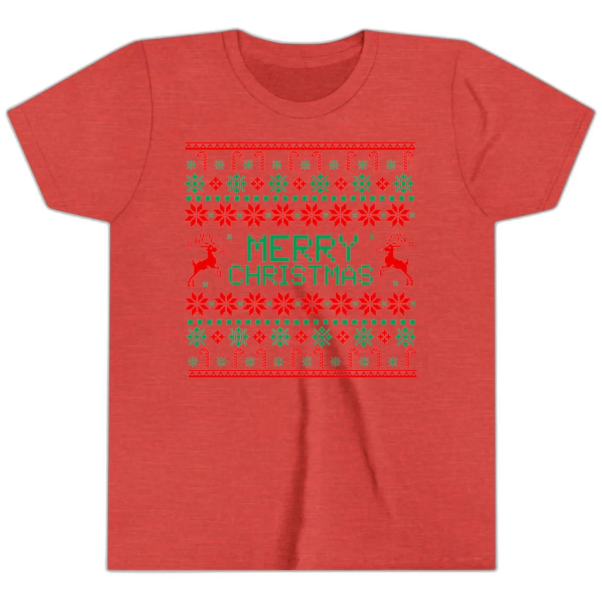 Merry Christmas Reindeer Snowflake Sweater Youth T-Shirt in Heather Red