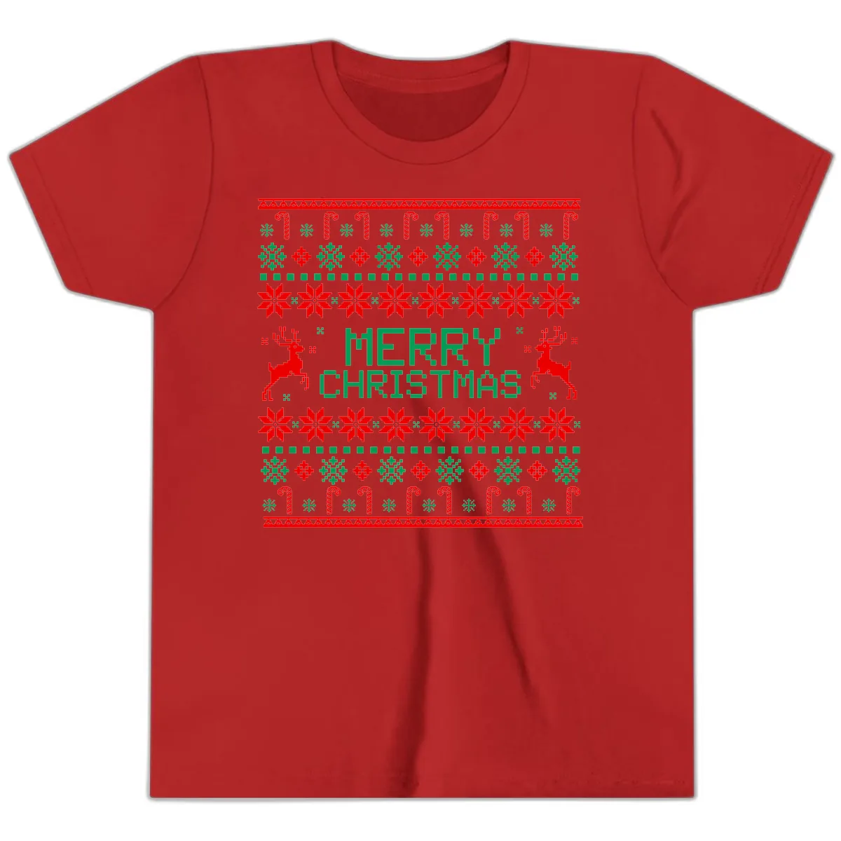 Merry Christmas Reindeer Snowflake Sweater Youth T-Shirt in Red
