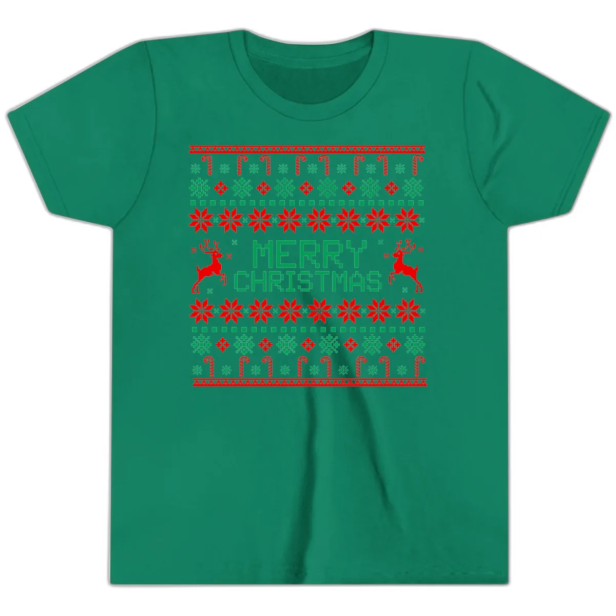 Merry Christmas Reindeer Snowflake Sweater Youth T-Shirt in Kelly