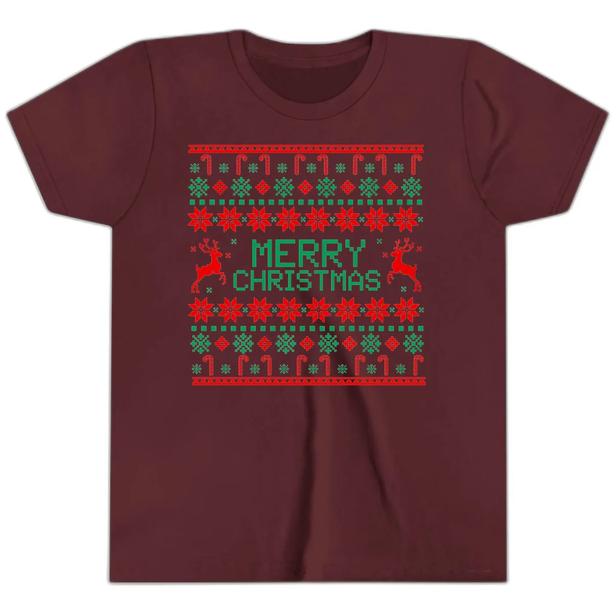 Merry Christmas Reindeer Snowflake Sweater Youth T-Shirt in Maroon