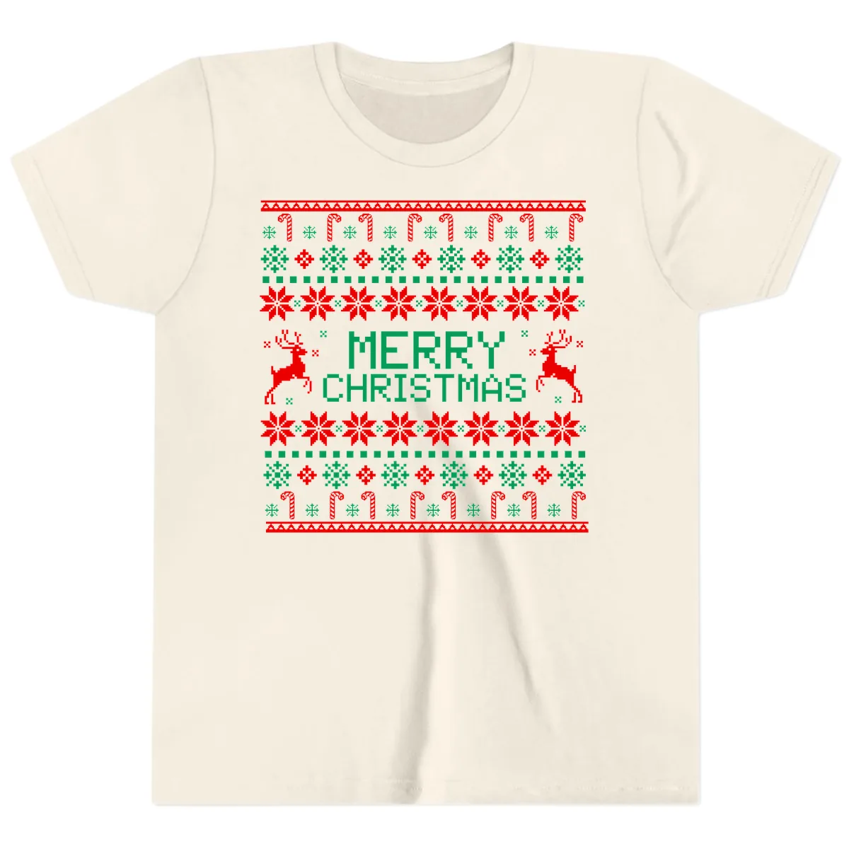 Merry Christmas Reindeer Snowflake Sweater Youth T-Shirt in Natural
