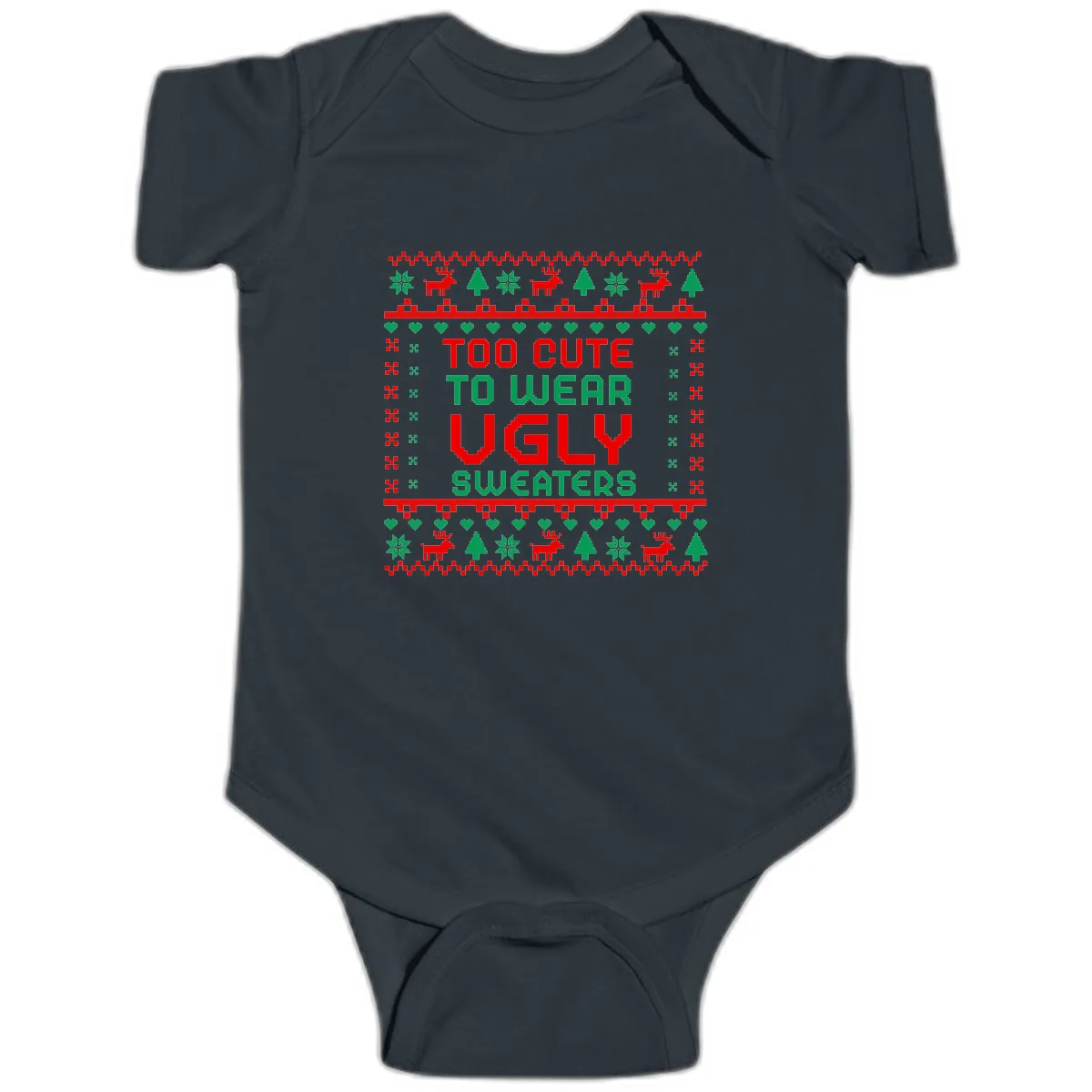 Too Cute To Wear Ugly Sweaters Design Baby Onesie in Black