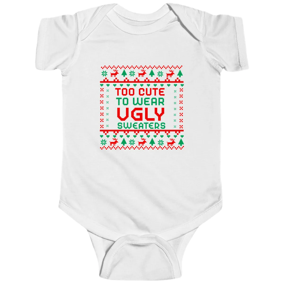 Too Cute To Wear Ugly Sweaters Design Baby Onesie in White