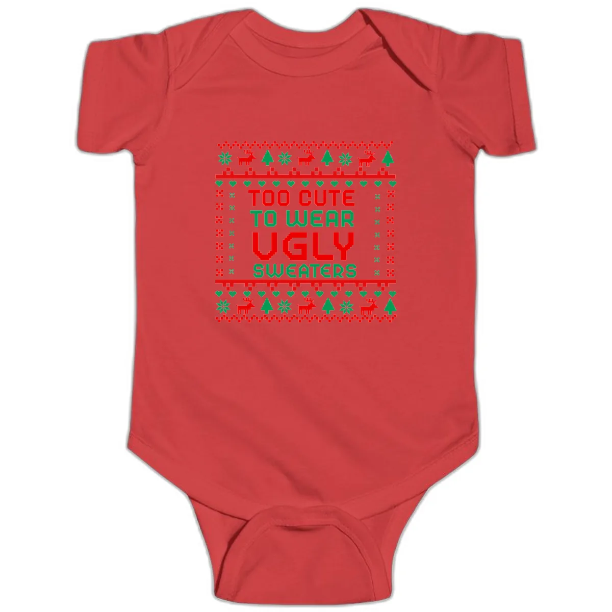 Too Cute To Wear Ugly Sweaters Design Baby Onesie in Red