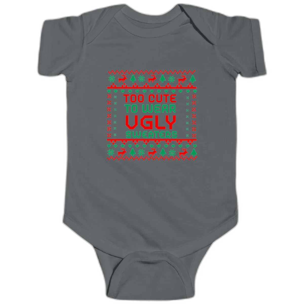 Too Cute To Wear Ugly Sweaters Design Baby Onesie in Charcoal
