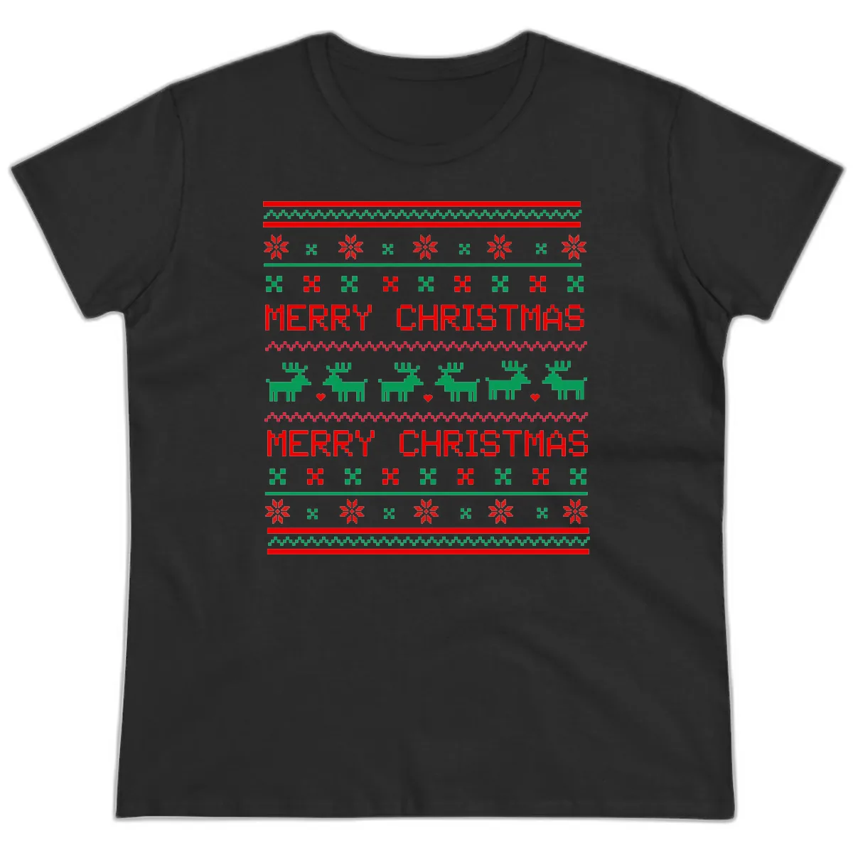 Merry Christmas Reindeer Pattern Ladies Tee in Black