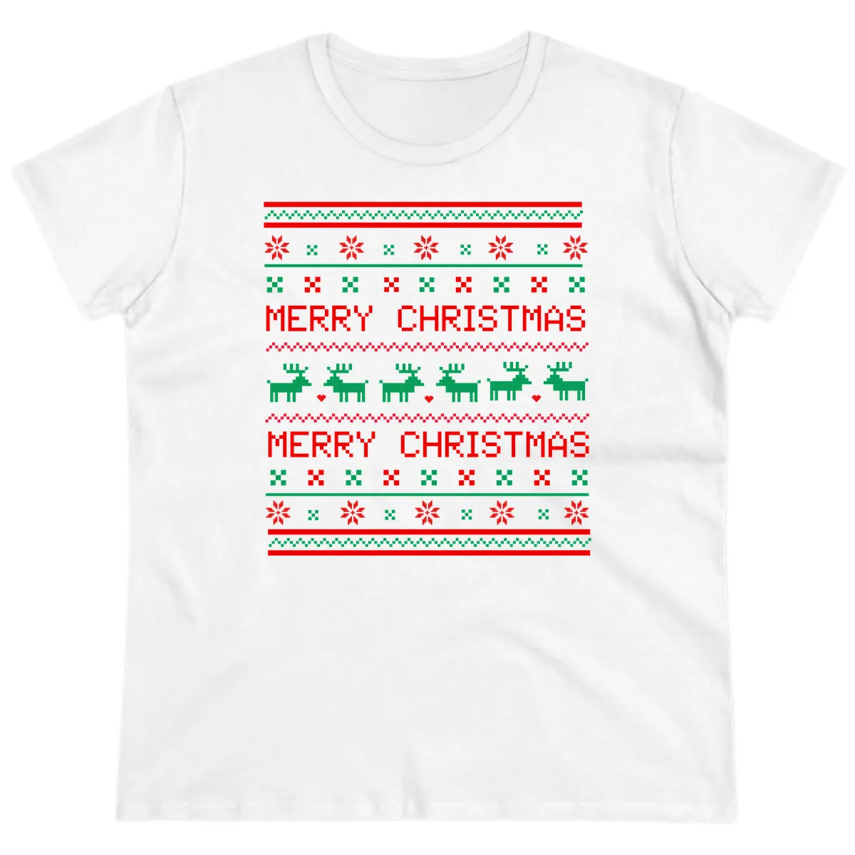 Merry Christmas Reindeer Pattern Ladies Tee in White