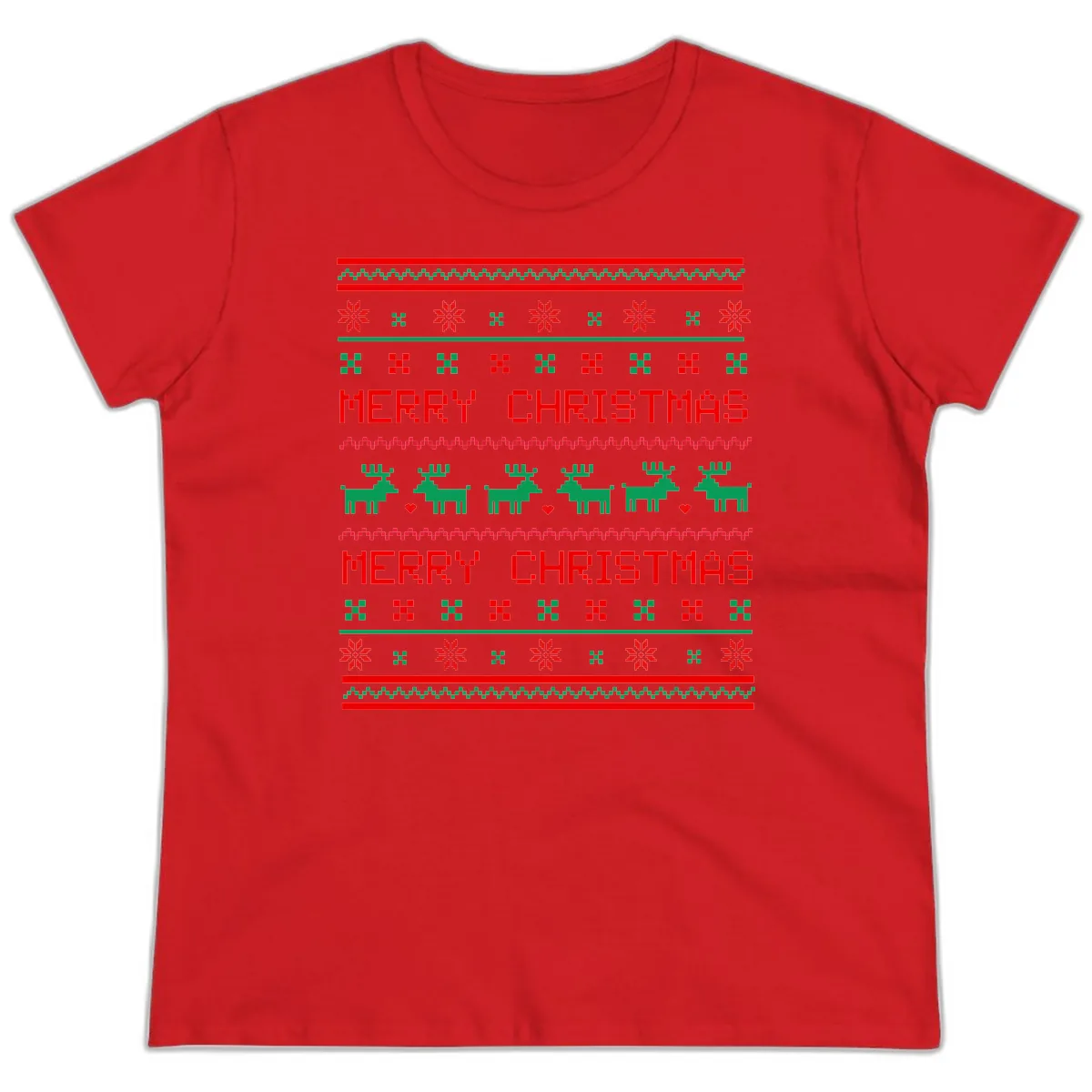 Merry Christmas Reindeer Pattern Ladies Tee in Red