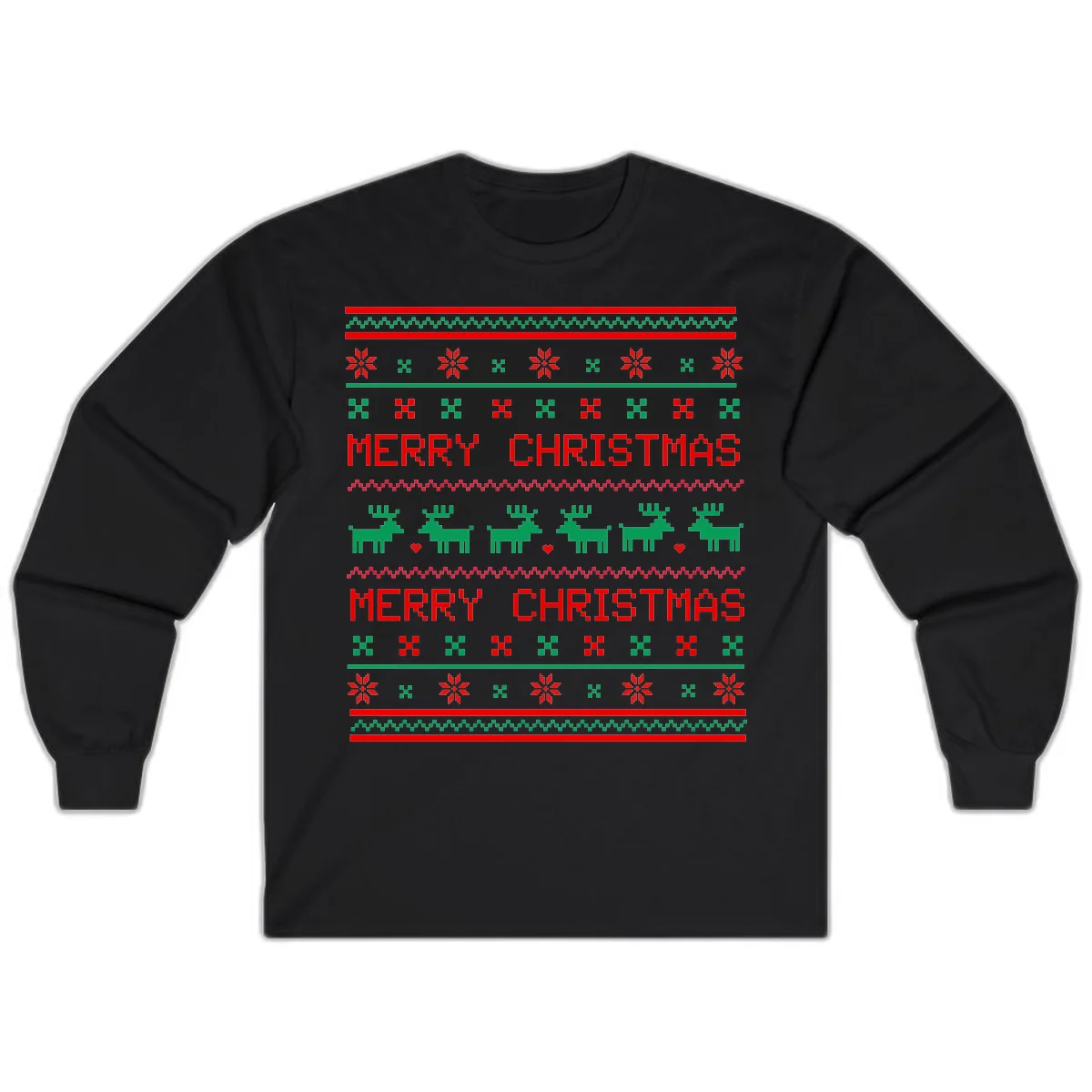 Merry Christmas Reindeer Pattern Long Sleeve in Black