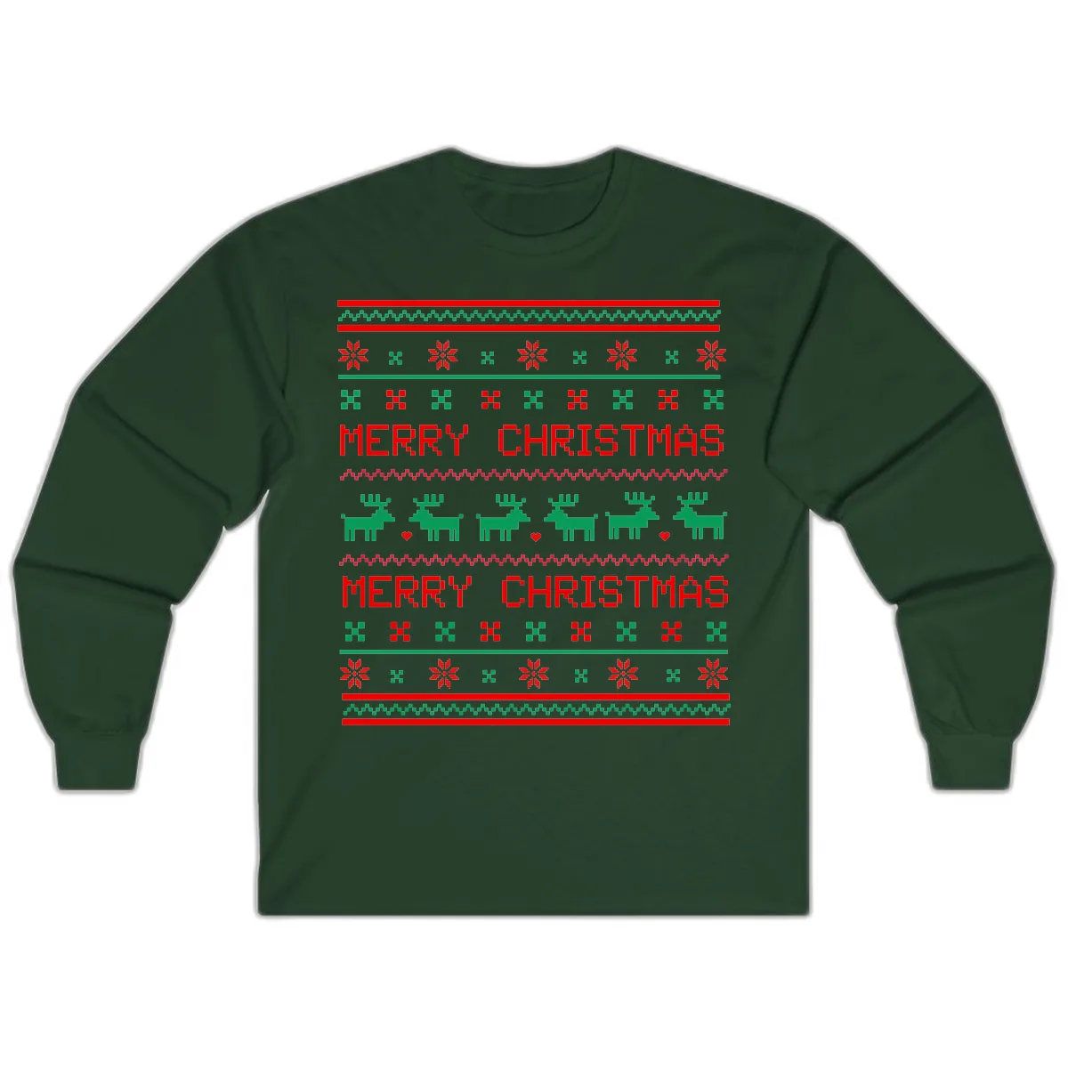 Merry Christmas Reindeer Pattern Long Sleeve in Forest Green