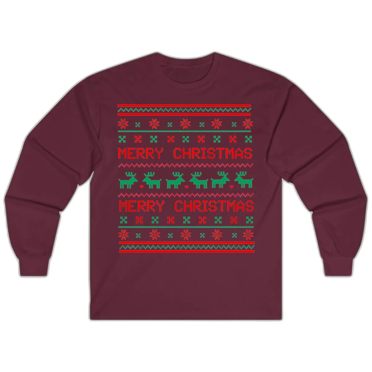 Merry Christmas Reindeer Pattern Long Sleeve in Maroon