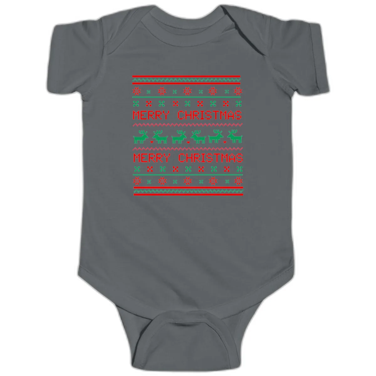 Merry Christmas Reindeer Pattern Baby Onesie in Charcoal