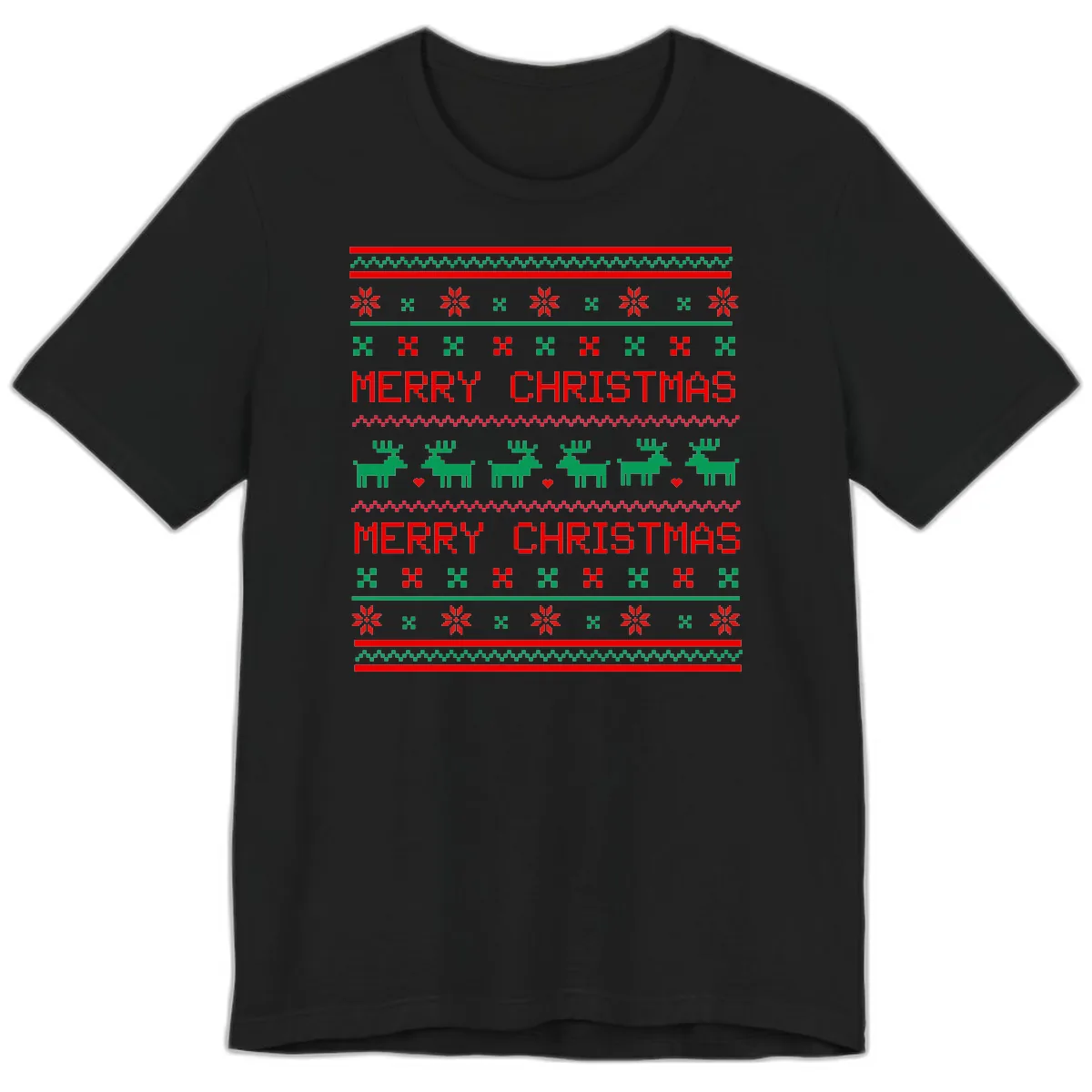 Merry Christmas Reindeer Pattern Premium T-Shirt in Black