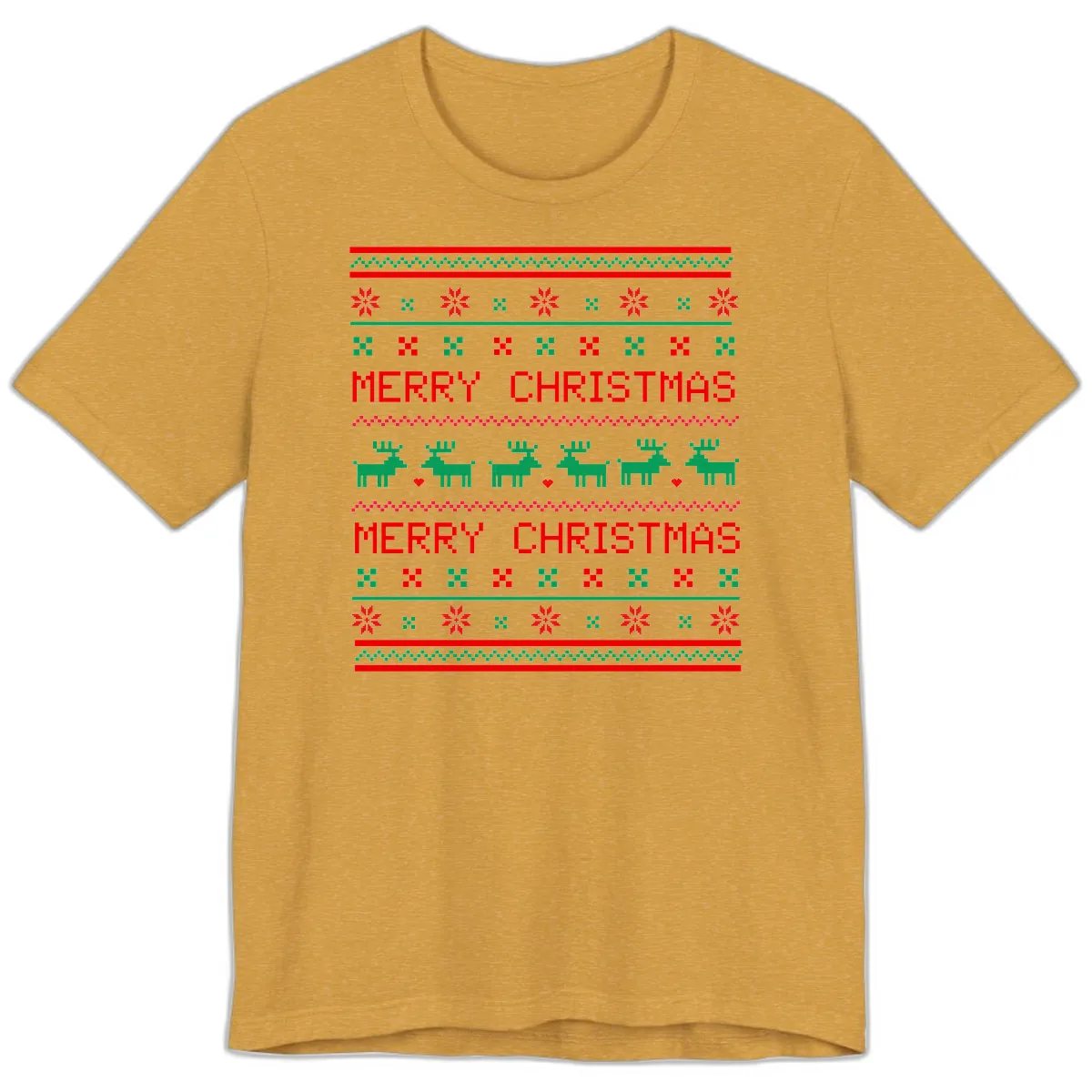 Merry Christmas Reindeer Pattern Premium T-Shirt in Heather Mustard
