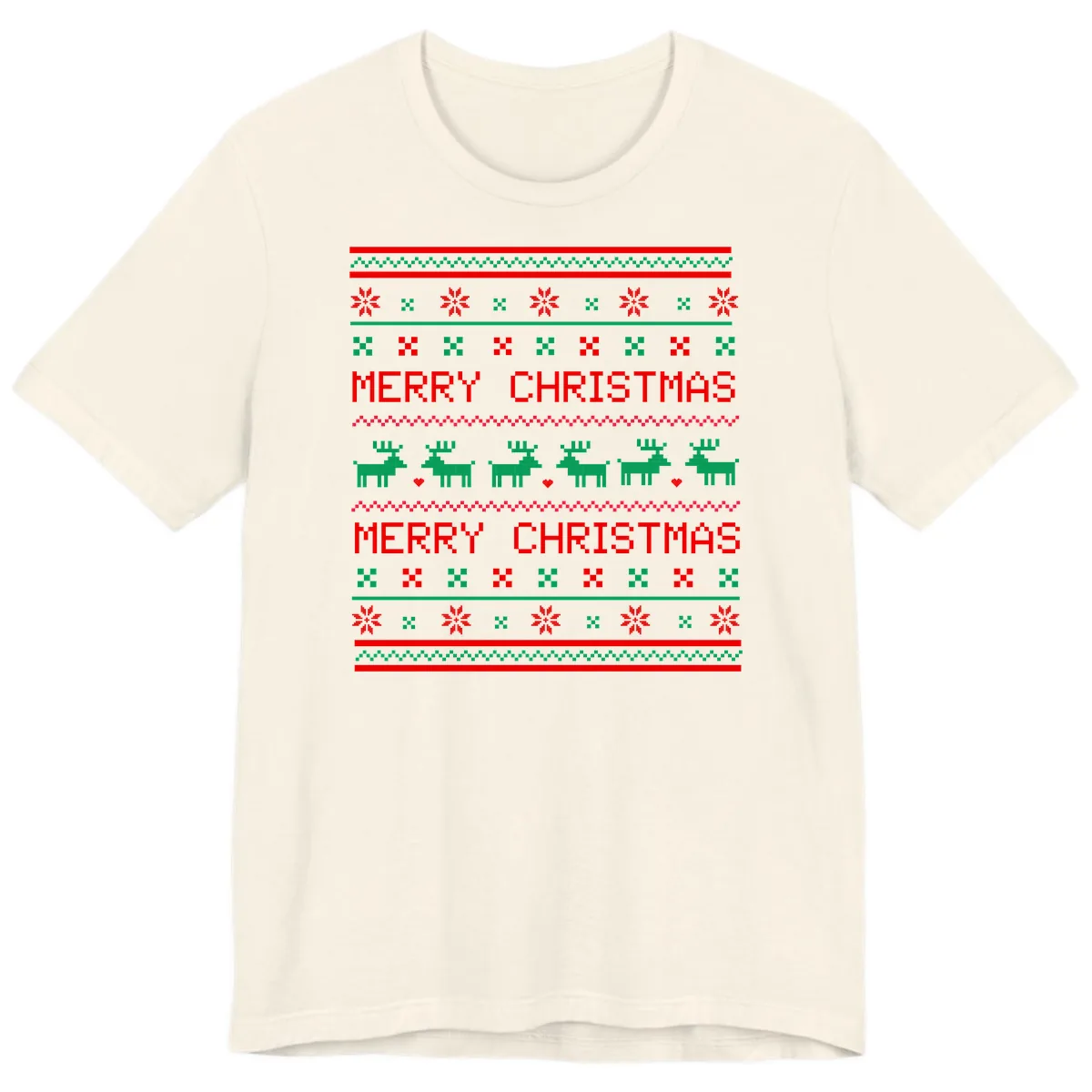 Merry Christmas Reindeer Pattern Premium T-Shirt in Natural