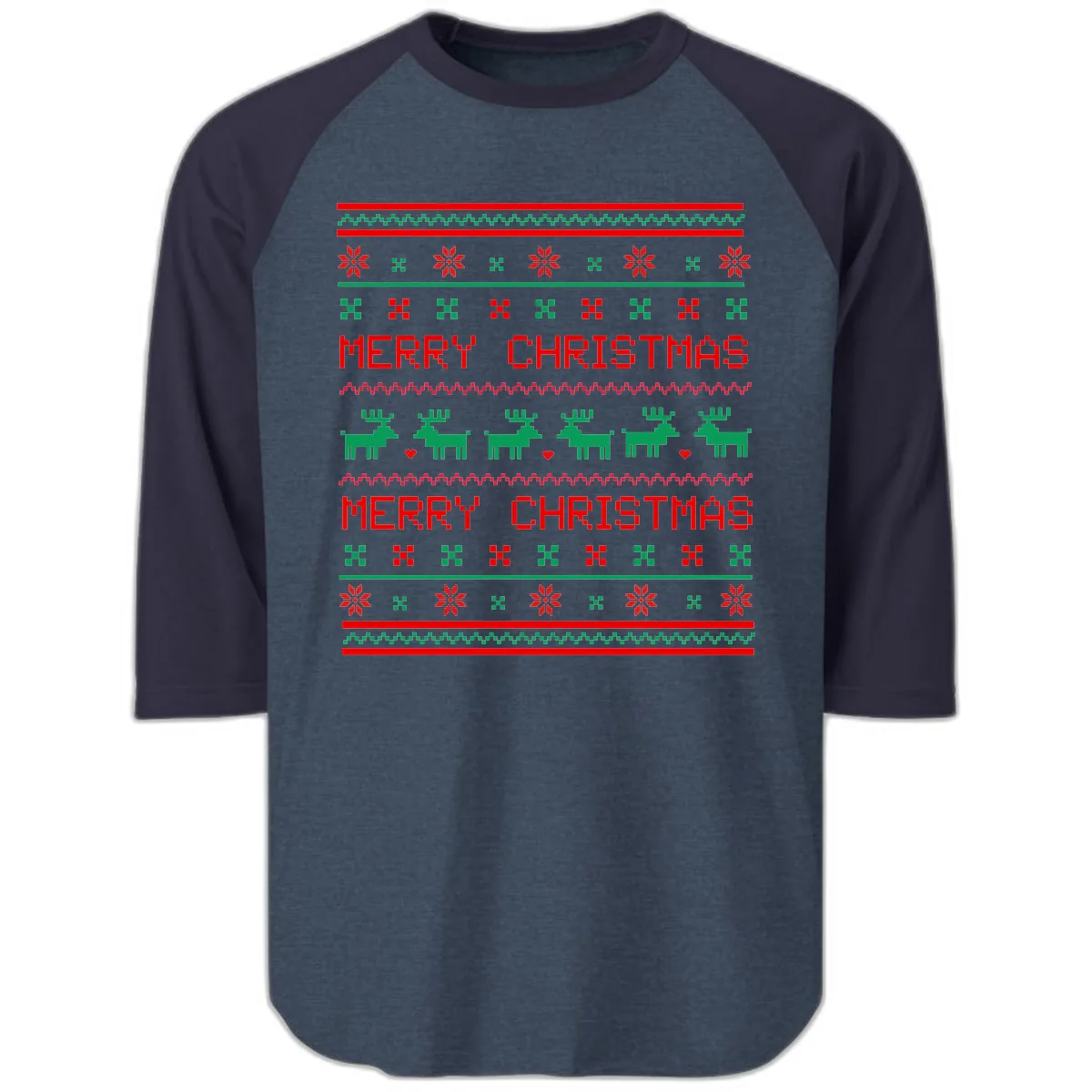 Merry Christmas Reindeer Pattern Raglan 3/4 in Heather Denim Navy
