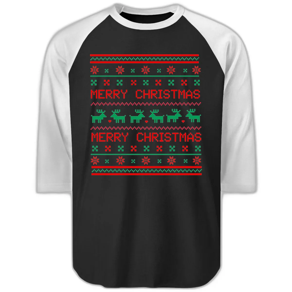 Merry Christmas Reindeer Pattern Raglan 3/4 in Black White