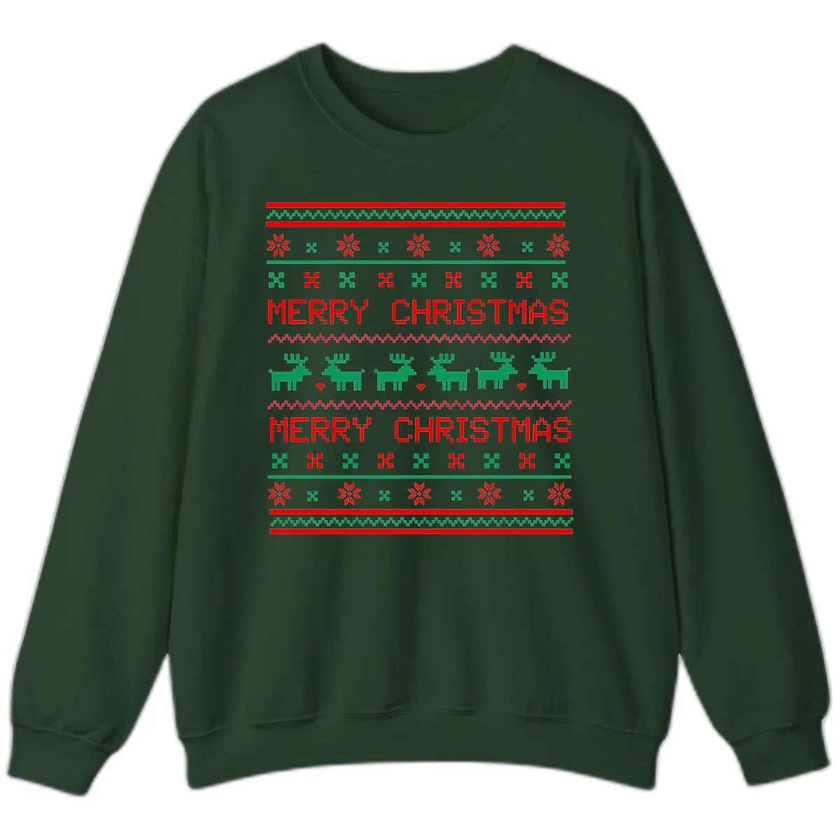 Merry Christmas Reindeer Pattern Sweatshirt in Forest Green