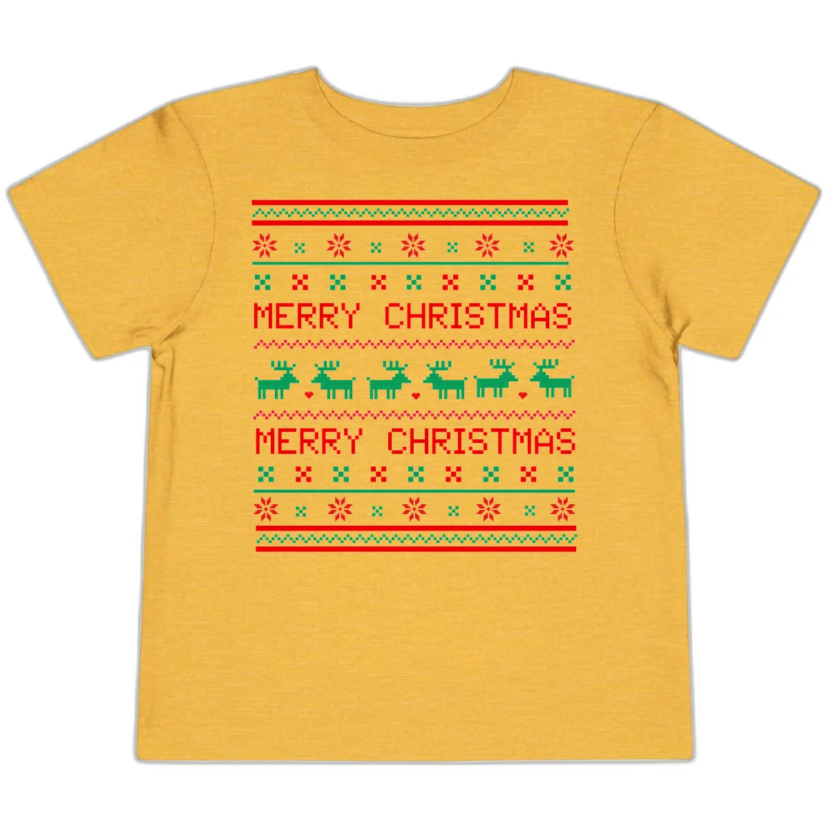 Merry Christmas Reindeer Pattern Toddler T-Shirt in Heather Yellow Gold
