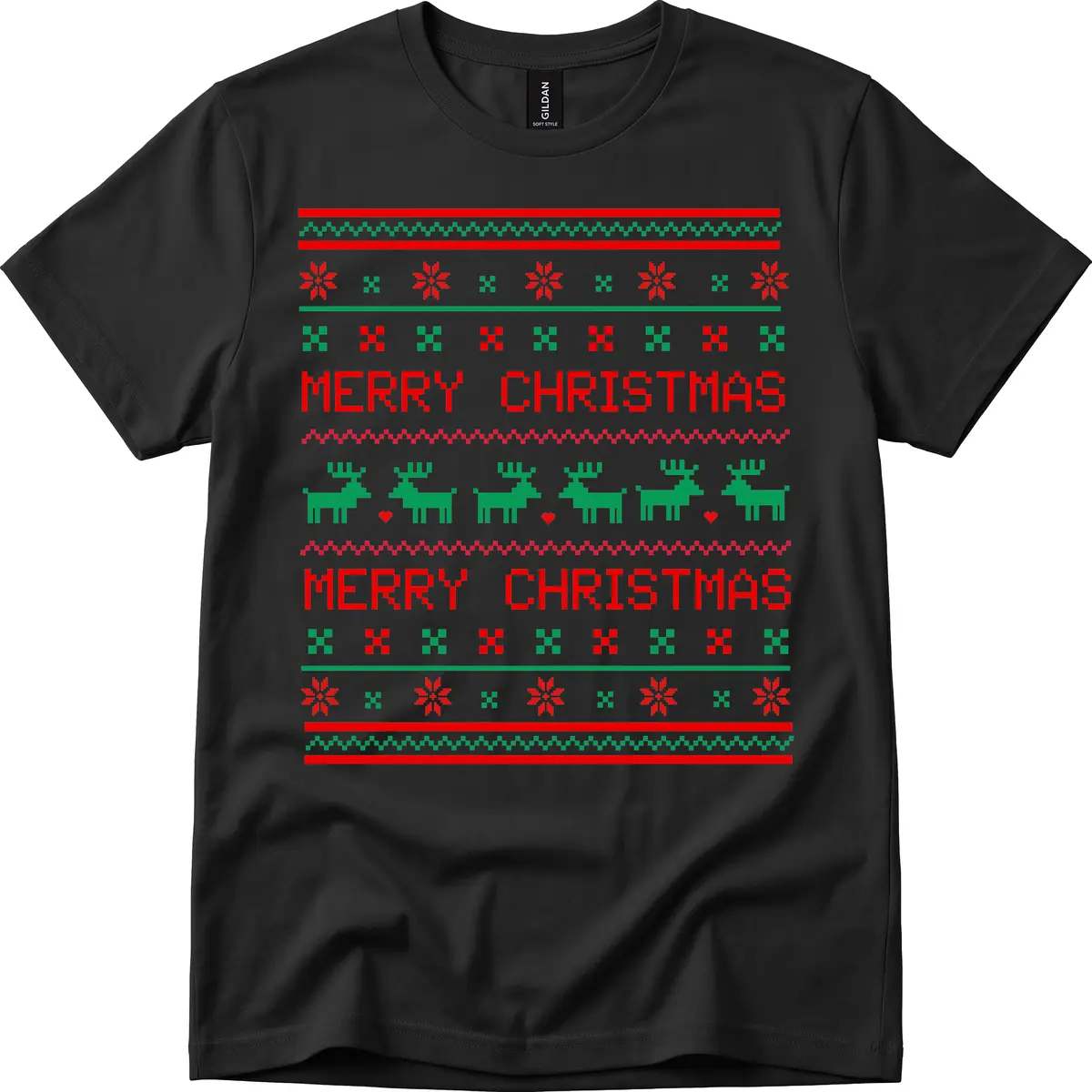 Merry Christmas Reindeer Pattern T-Shirt in Black