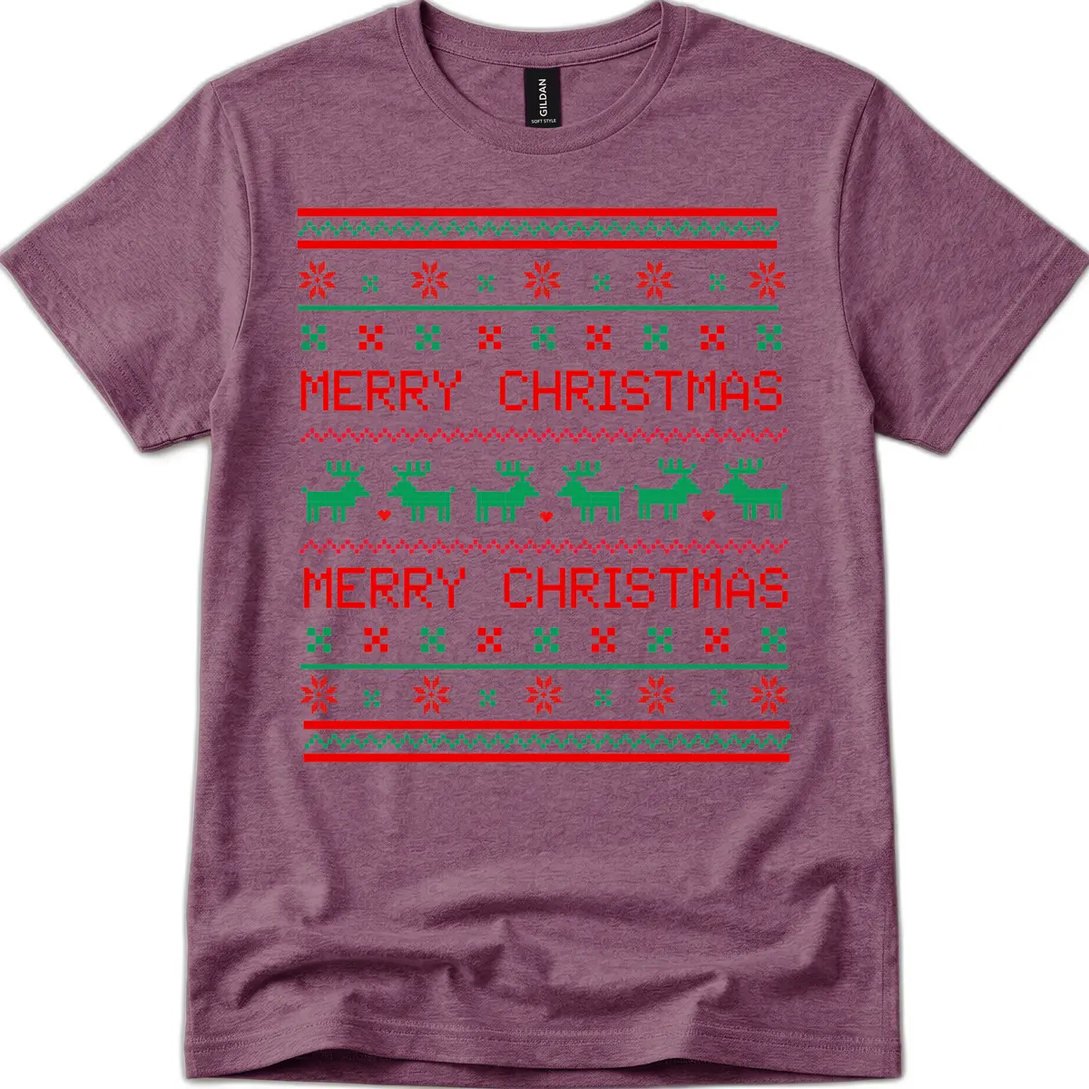 Merry Christmas Reindeer Pattern T-Shirt in Heather Maroon