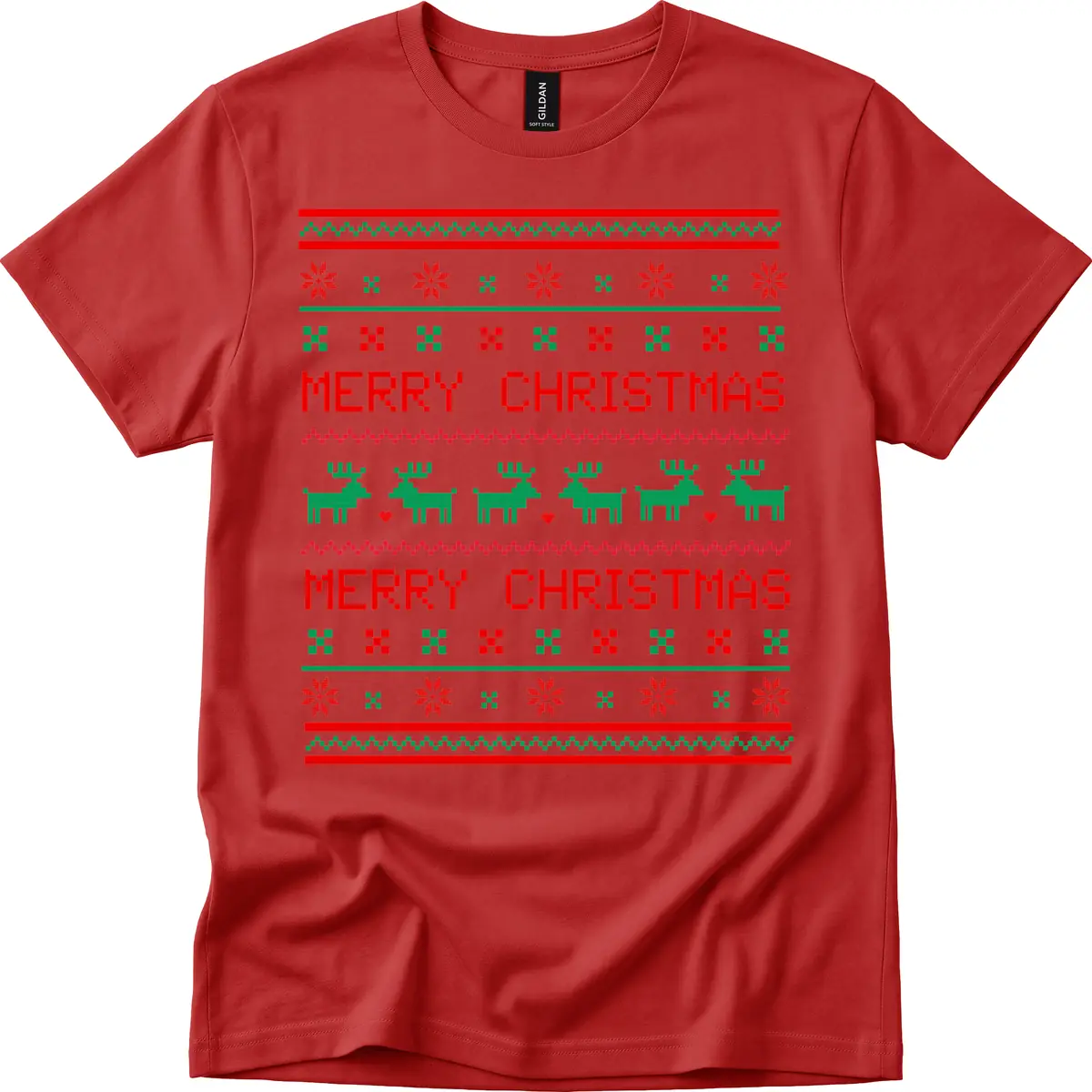 Merry Christmas Reindeer Pattern T-Shirt in Red
