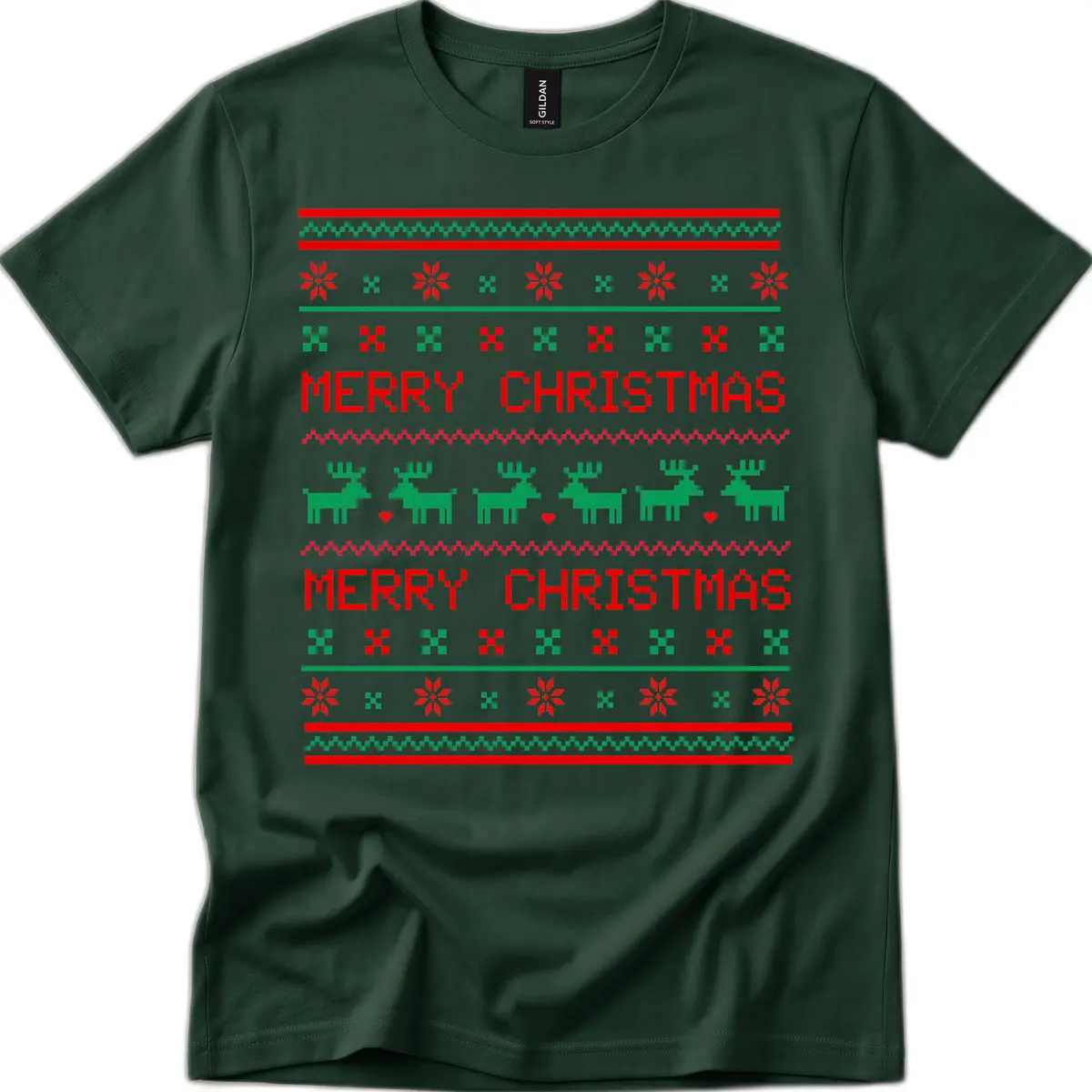 Merry Christmas Reindeer Pattern T-Shirt in Forest Green