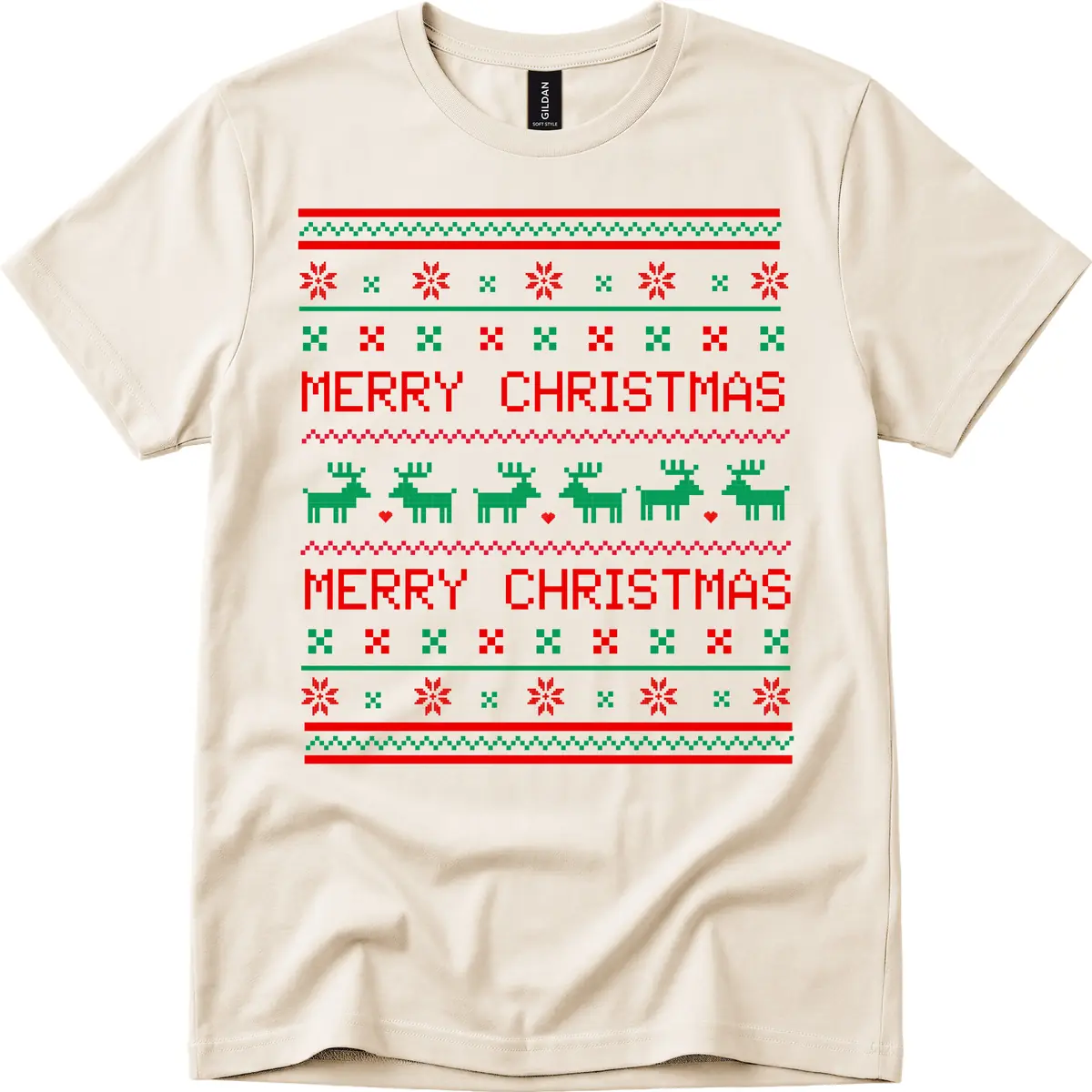 Merry Christmas Reindeer Pattern T-Shirt in Natural