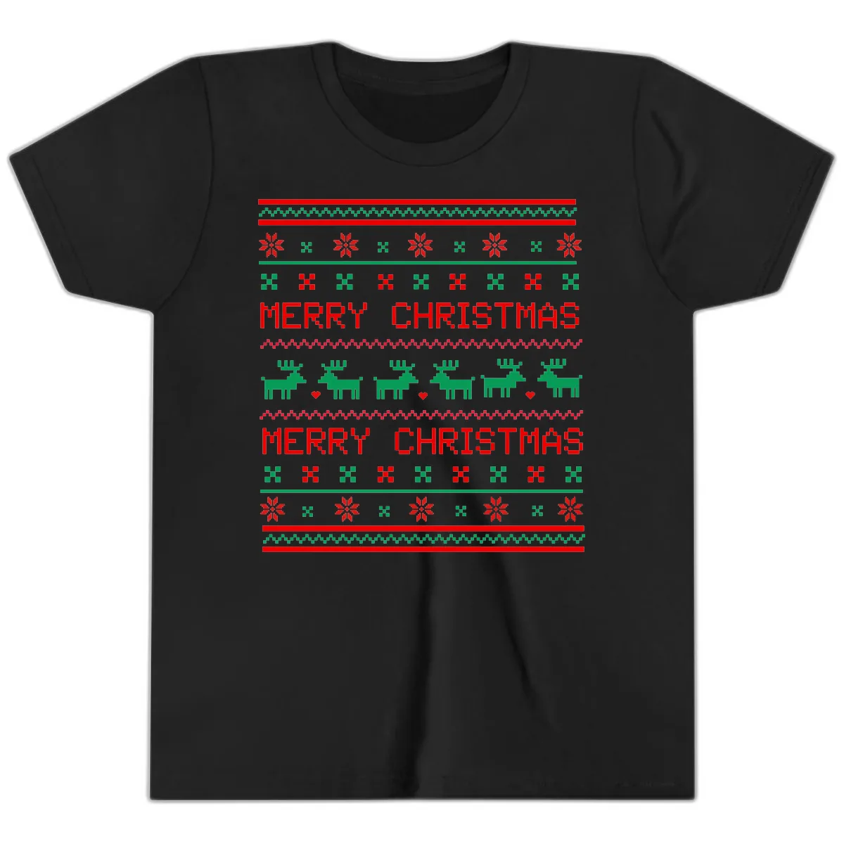 Merry Christmas Reindeer Pattern Youth T-Shirt in Black