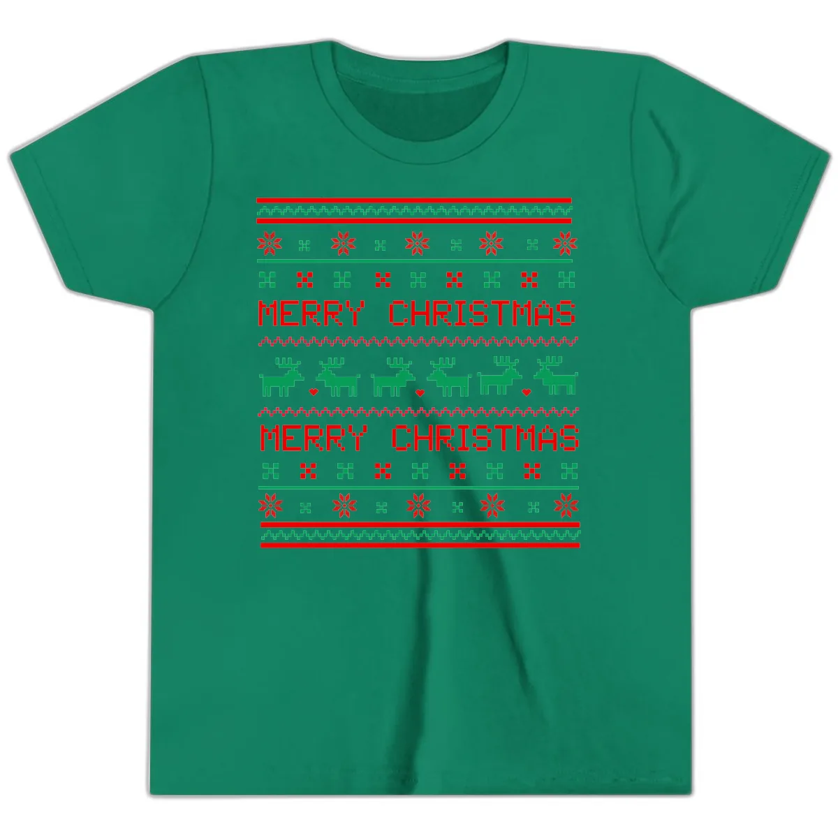 Merry Christmas Reindeer Pattern Youth T-Shirt in Kelly