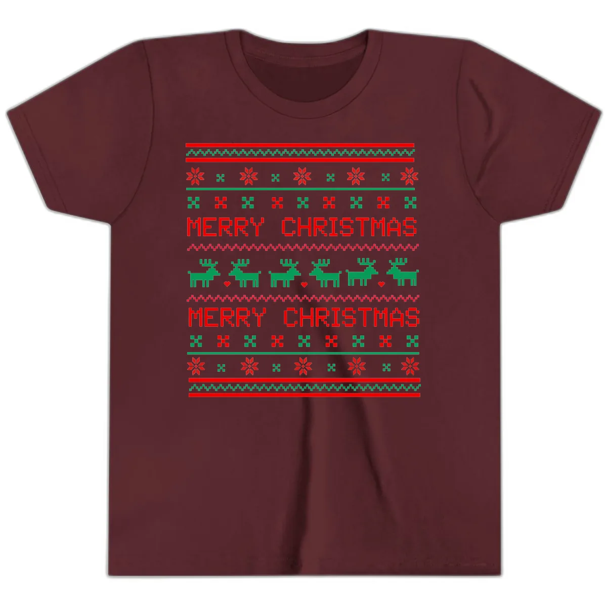 Merry Christmas Reindeer Pattern Youth T-Shirt in Maroon