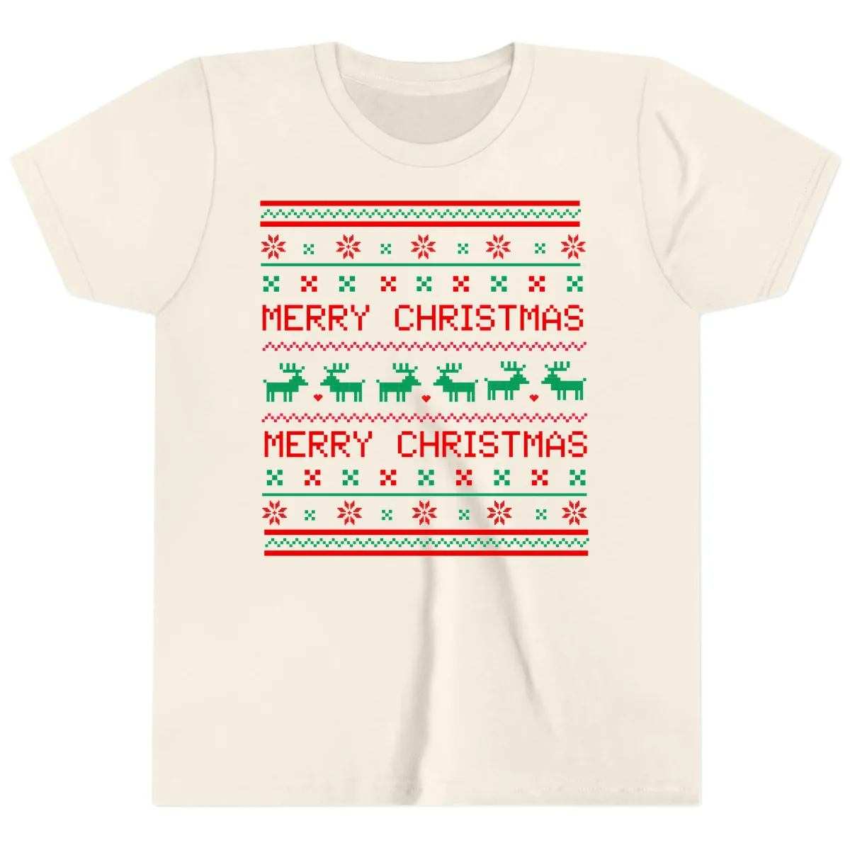 Merry Christmas Reindeer Pattern Youth T-Shirt in Natural