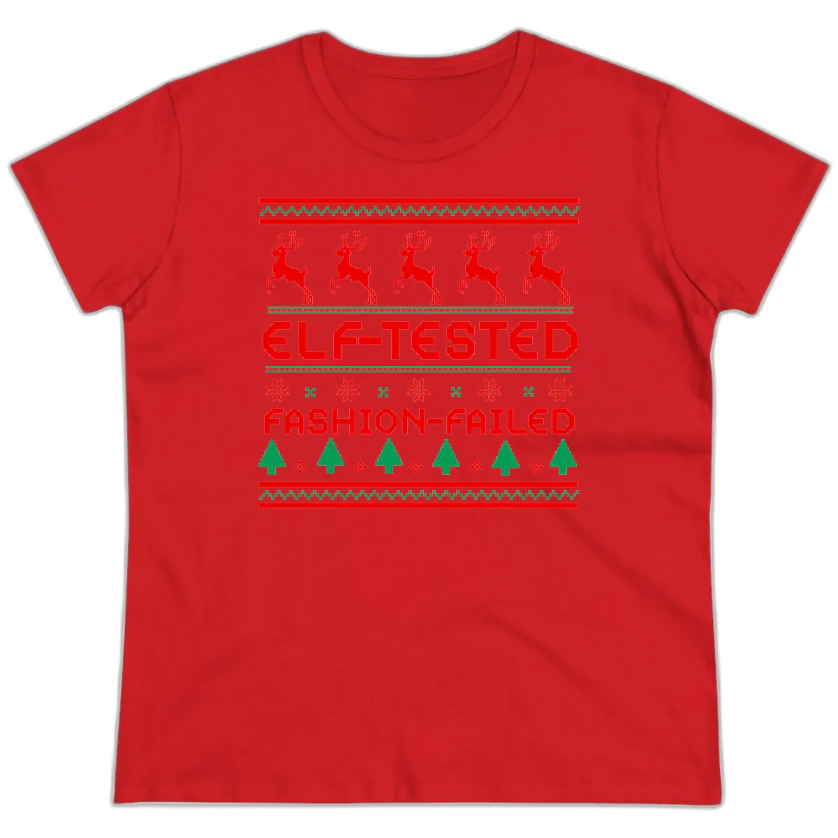 Elf-Tested Fashion-Failed Ugly Sweater Ladies Tee in Red