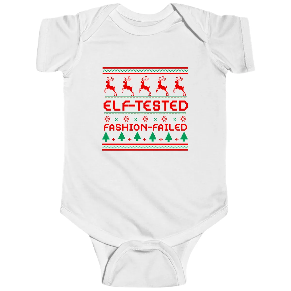 Elf-Tested Fashion-Failed Ugly Sweater Baby Onesie in White