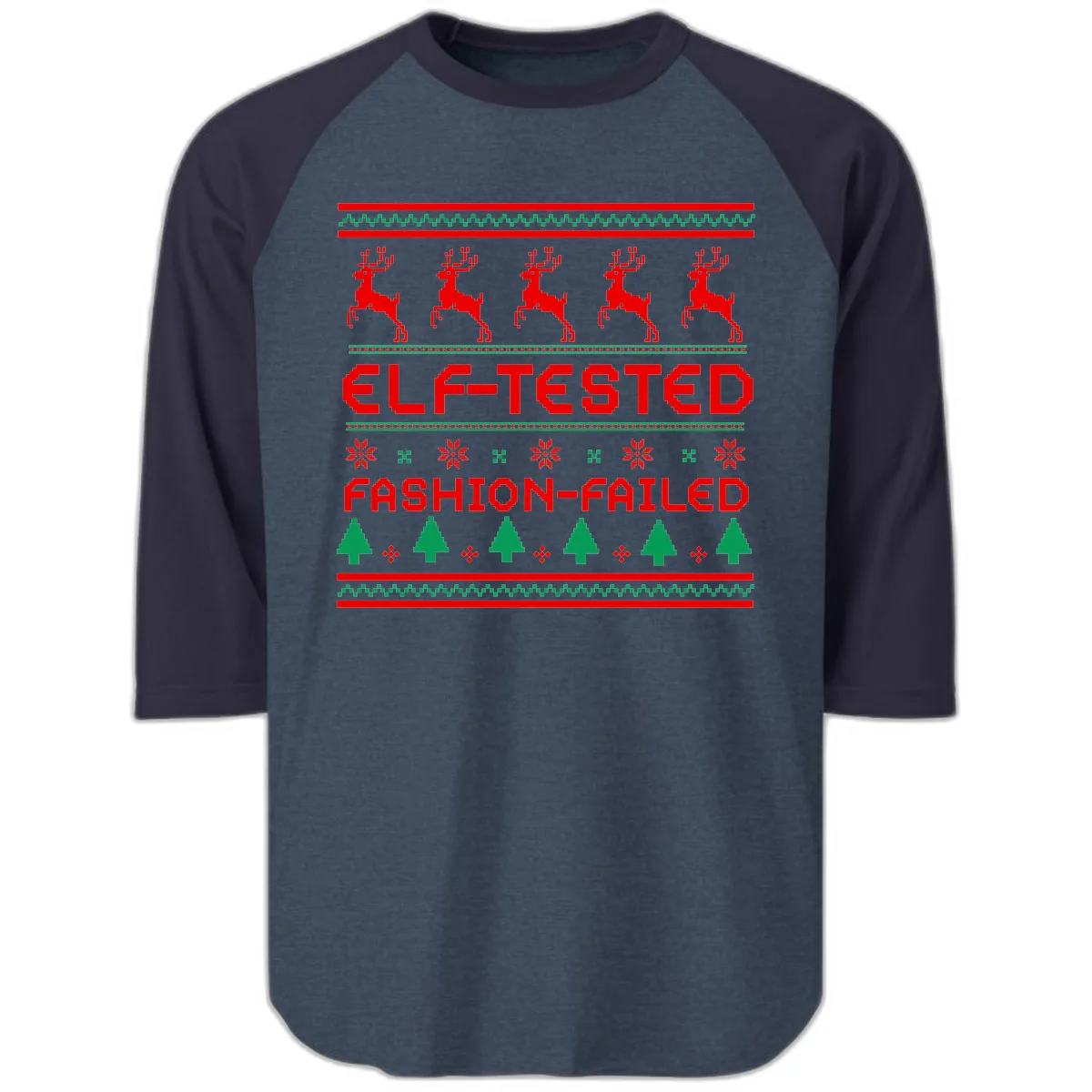Elf-Tested Fashion-Failed Ugly Sweater Raglan 3/4 in Heather Denim Navy