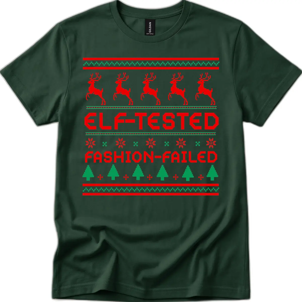 Elf-Tested Fashion-Failed Ugly Sweater T-Shirt in Forest Green