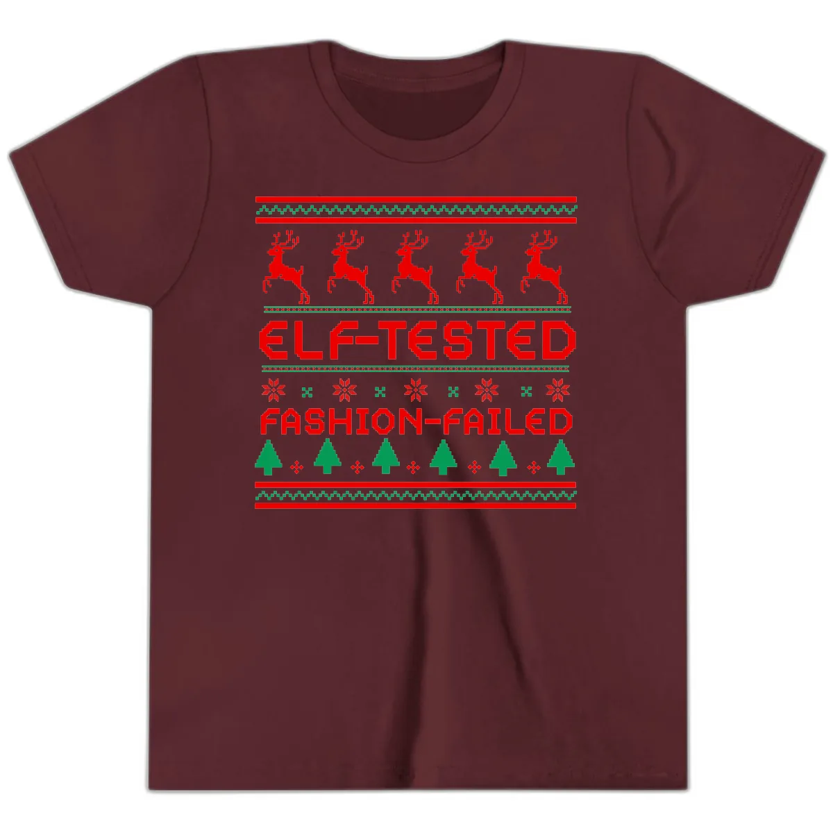 Elf-Tested Fashion-Failed Ugly Sweater Youth T-Shirt in Maroon