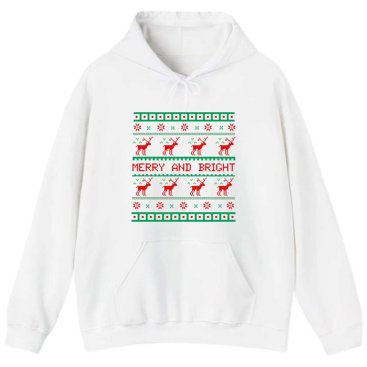 Reindeer Merry And Bright Ugly Christmas Sweater Pattern Hoodie in White