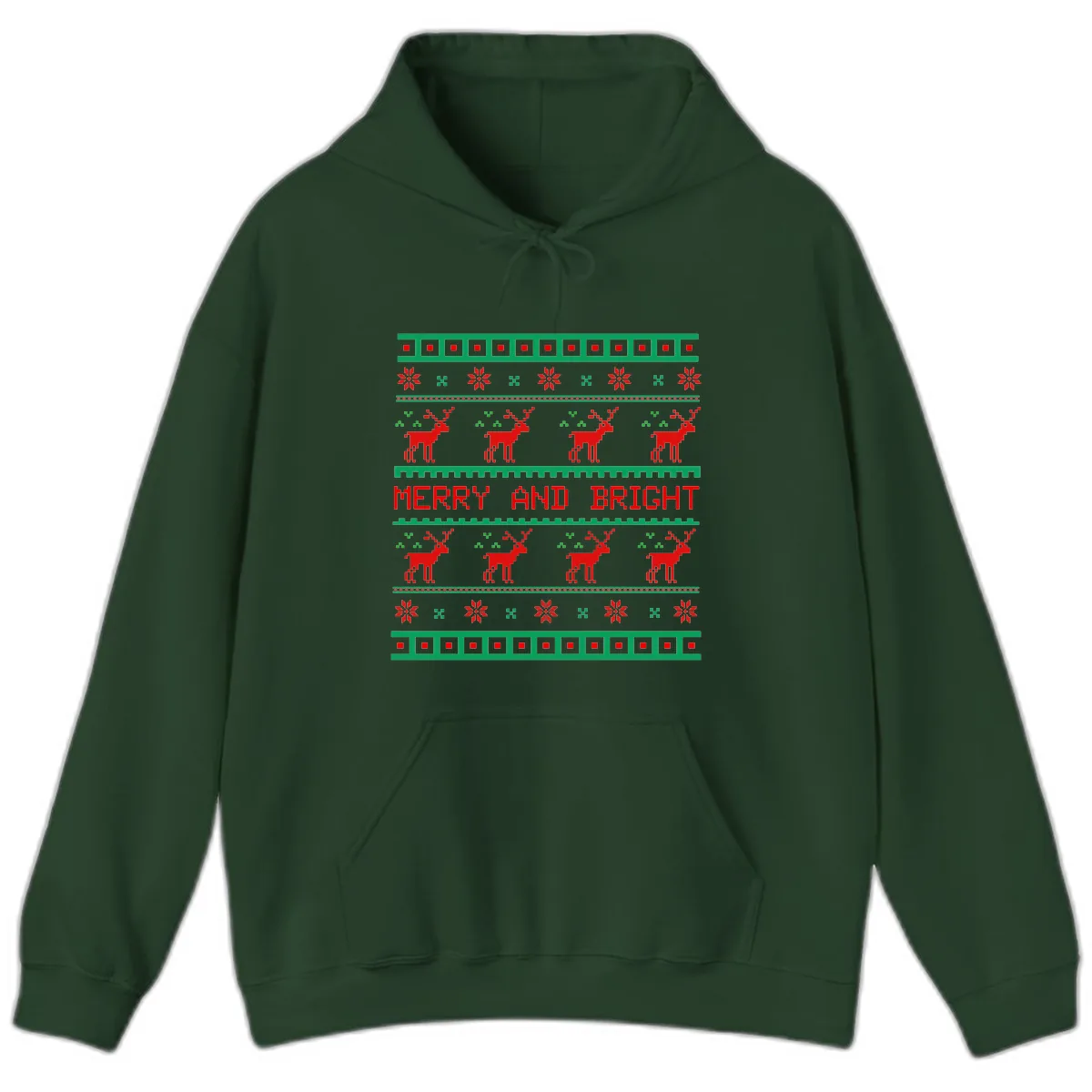 Reindeer Merry And Bright Ugly Christmas Sweater Pattern Hoodie in Forest Green