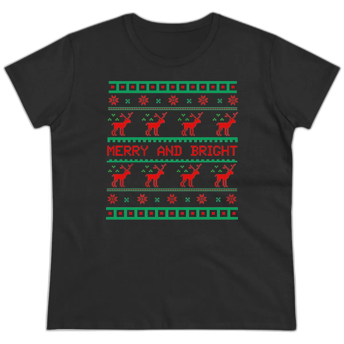 Reindeer Merry And Bright Ugly Christmas Sweater Pattern Ladies Tee in Black