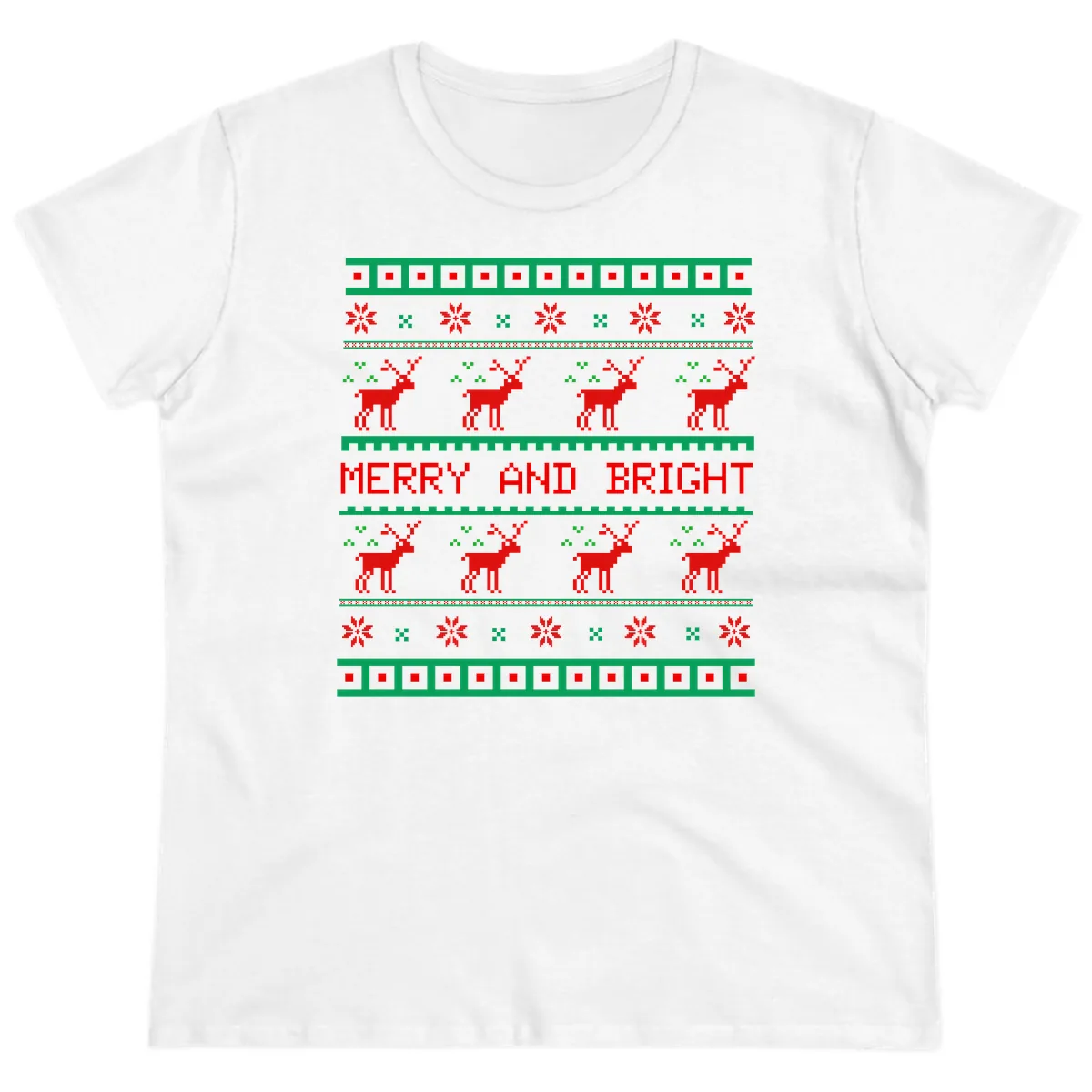 Reindeer Merry And Bright Ugly Christmas Sweater Pattern Ladies Tee in White