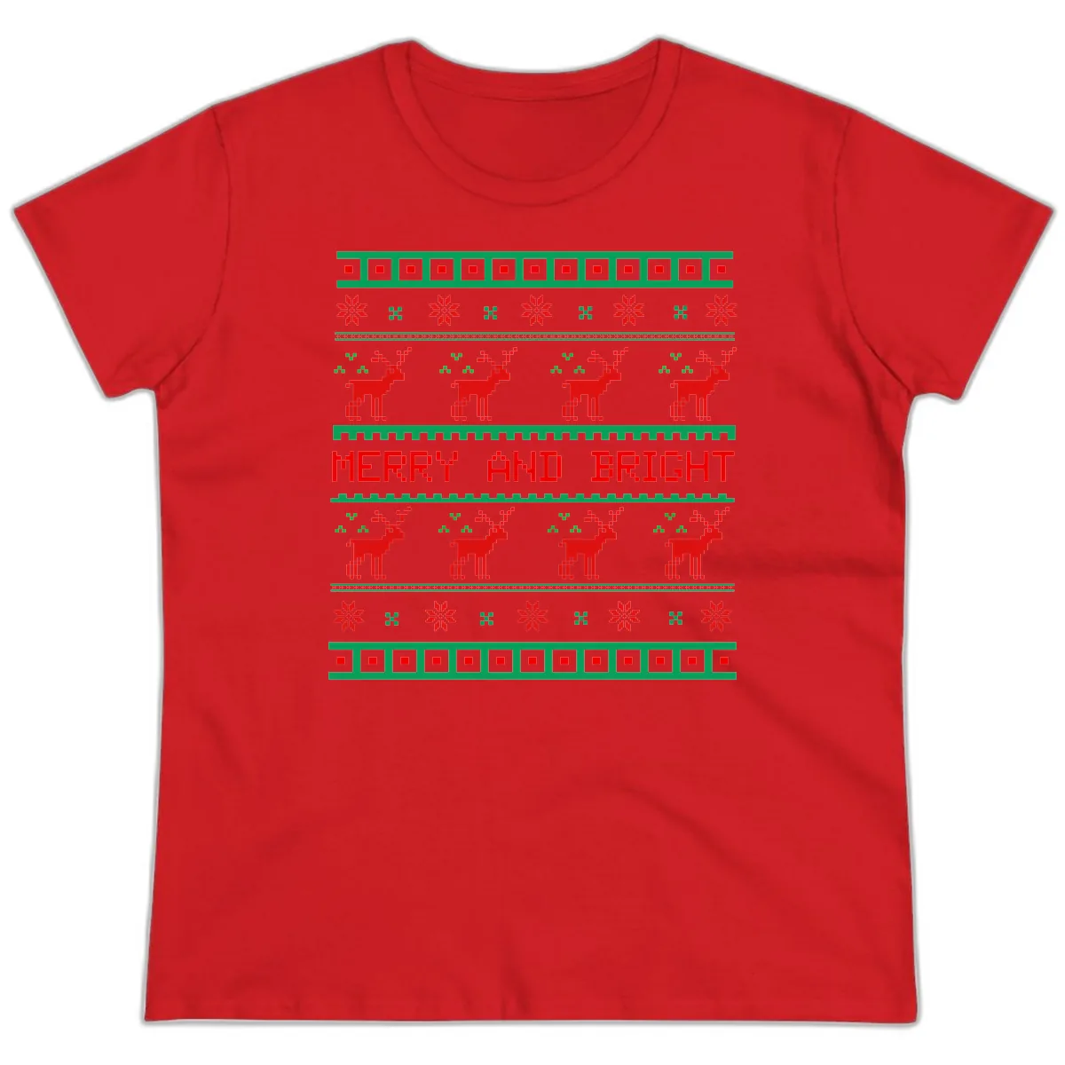 Reindeer Merry And Bright Ugly Christmas Sweater Pattern Ladies Tee in Red