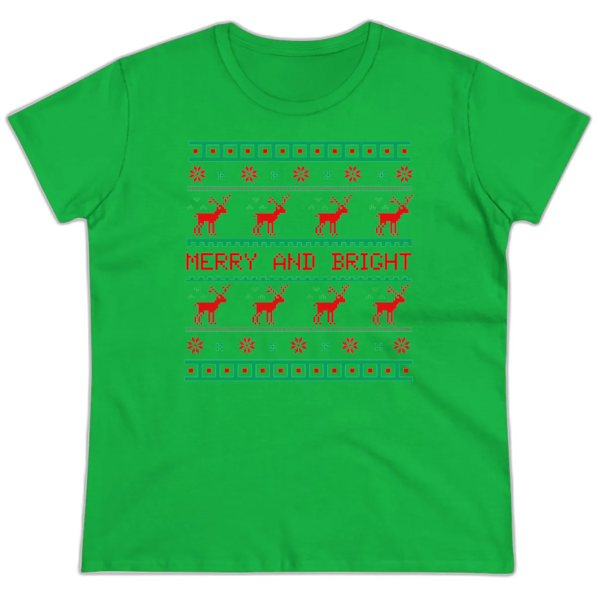 Reindeer Merry And Bright Ugly Christmas Sweater Pattern Ladies Tee in Irish Green