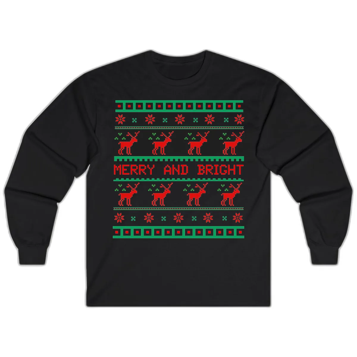 Reindeer Merry And Bright Ugly Christmas Sweater Pattern Long Sleeve in Black