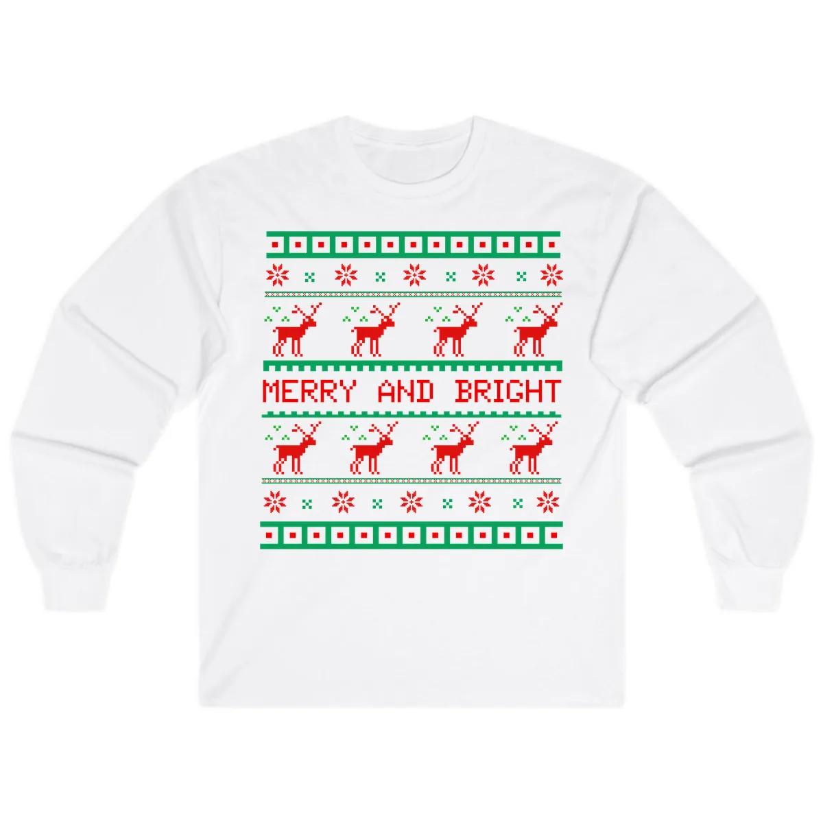 Reindeer Merry And Bright Ugly Christmas Sweater Pattern Long Sleeve in White