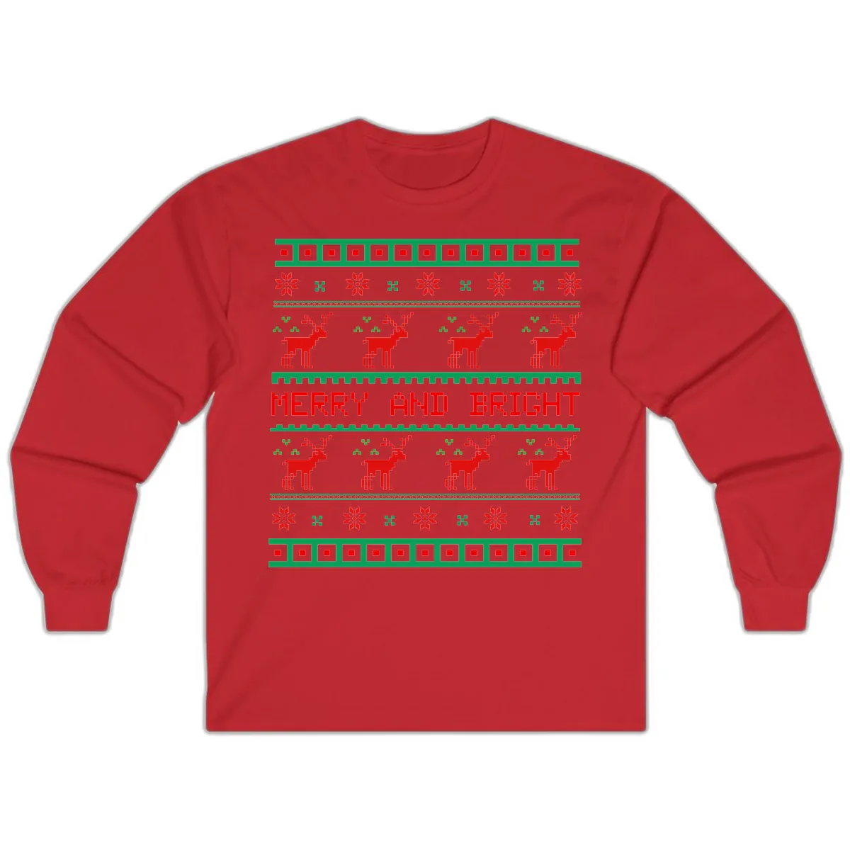 Reindeer Merry And Bright Ugly Christmas Sweater Pattern Long Sleeve in Red